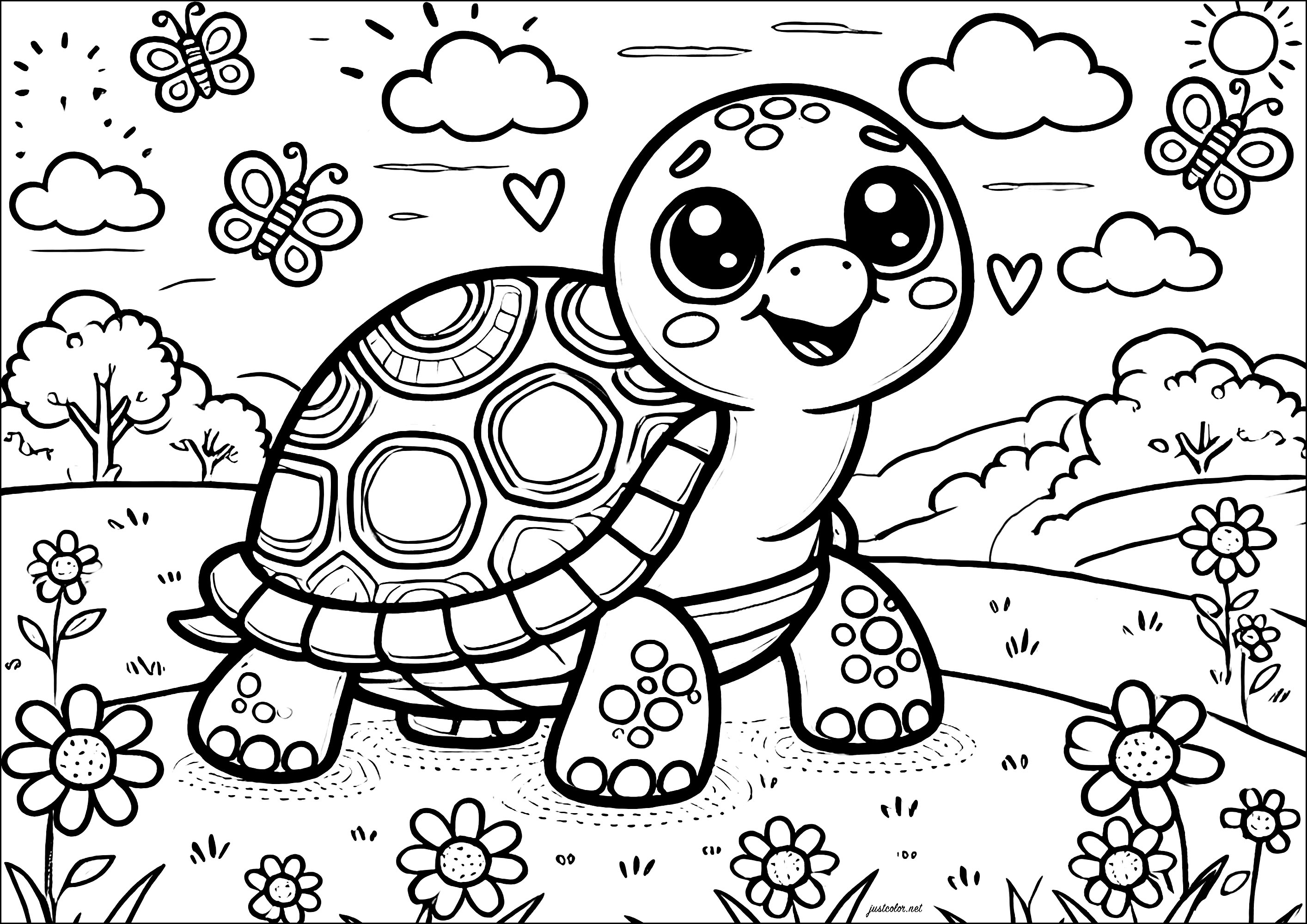 美丽乌龟与花朵和蝴蝶- 儿童着色页: 乌龟