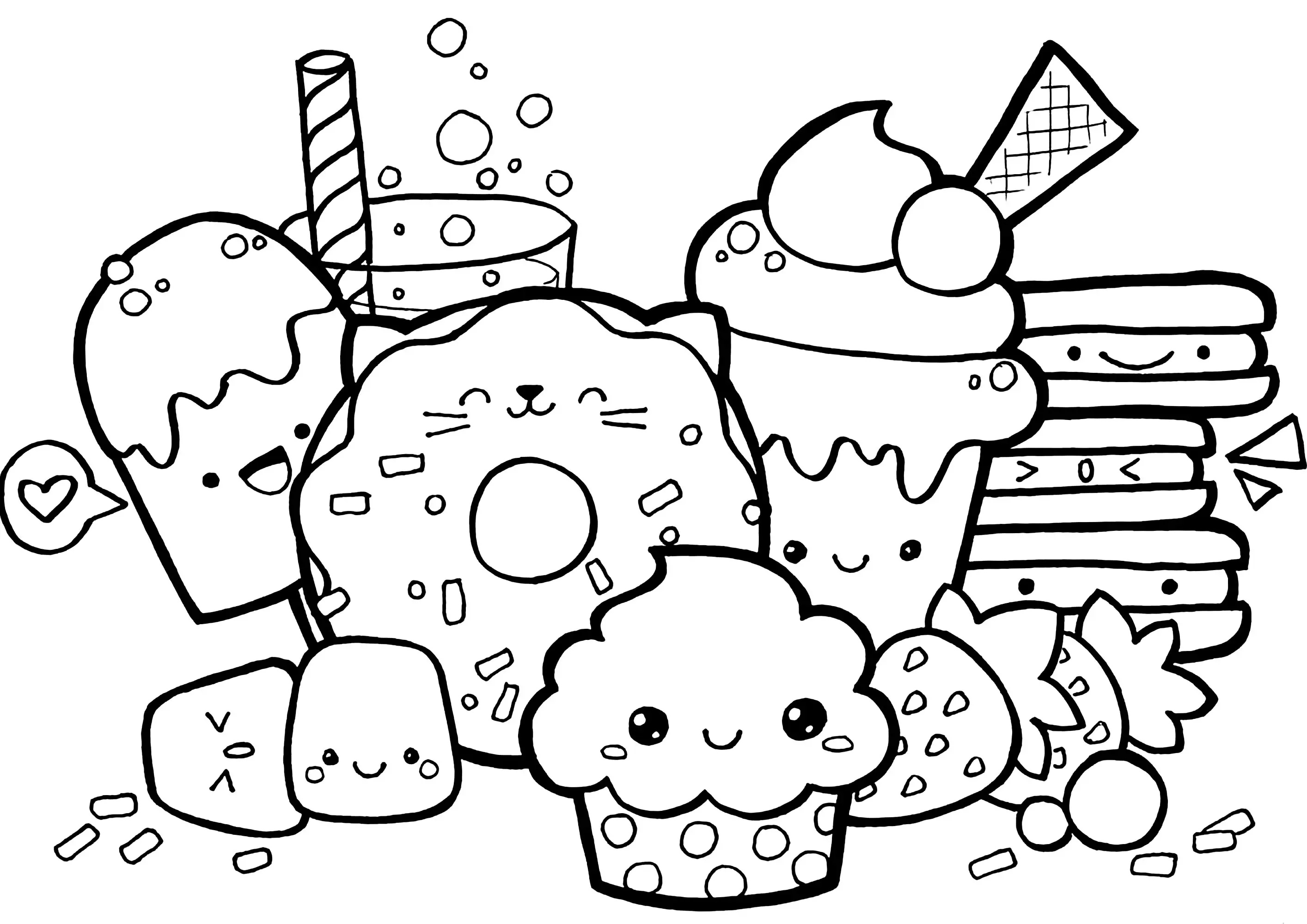 甜甜圈、冰淇淋、纸杯蛋糕、汉堡和汽水- 儿童着色页: 可爱, image size:2828x2000