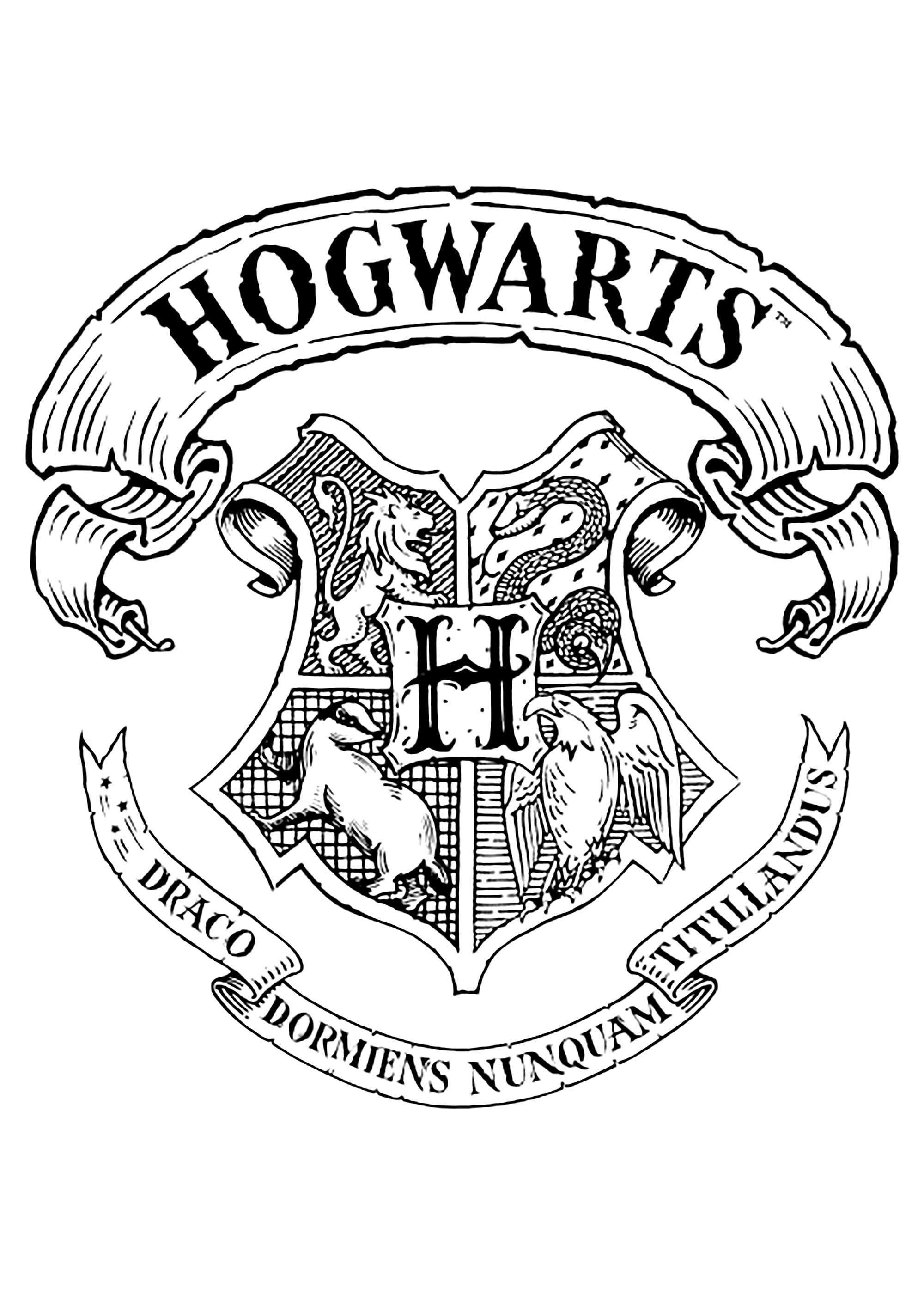 霍格沃茨标志（英文为Hogwarts） - 儿童着色页: 哈利波特, image size:2000x2828