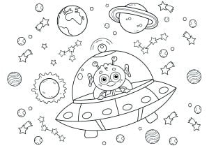飞碟中的外星人置身于行星之间 (儿童着色 : 外星人)