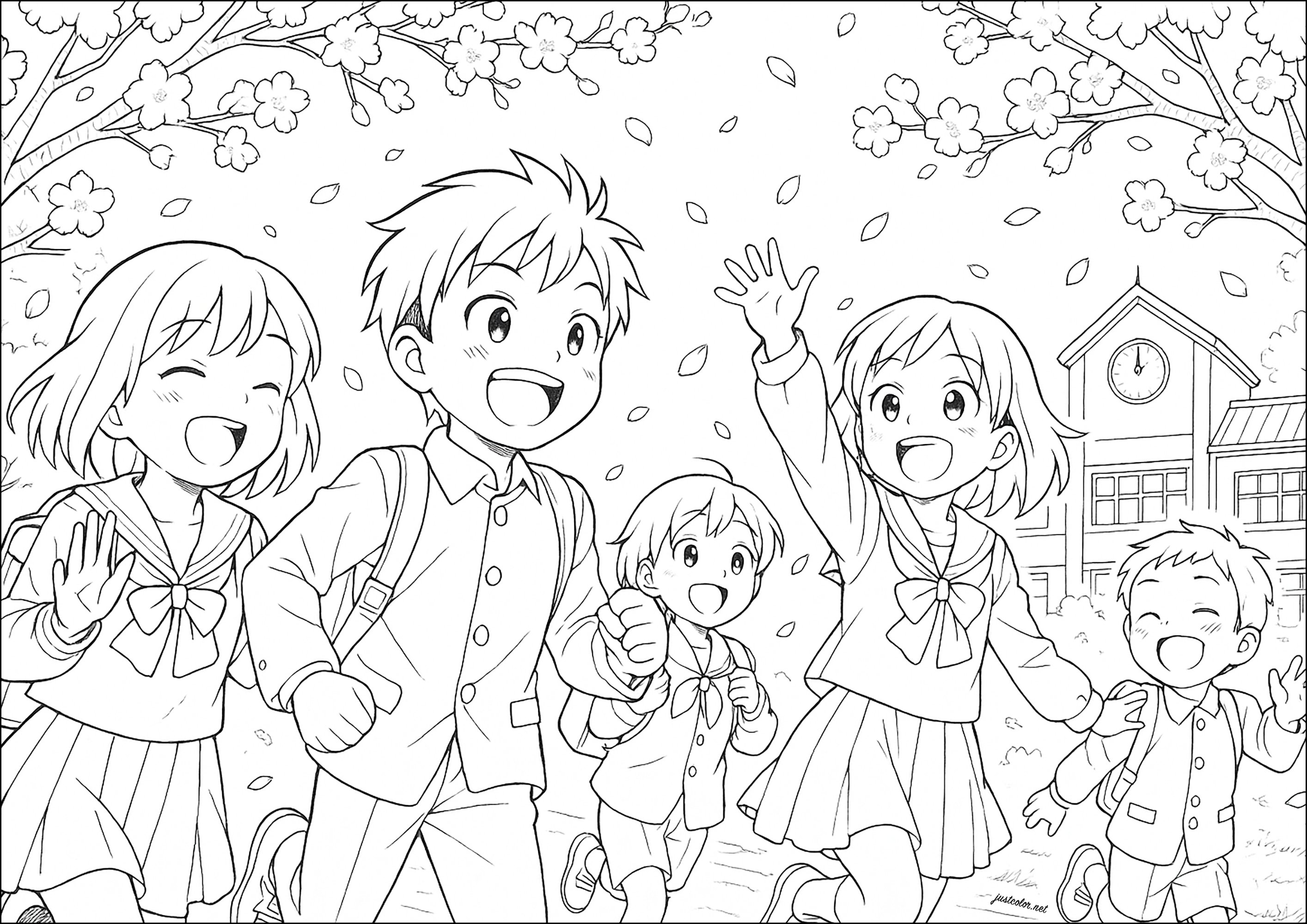 班级出口，带有漫画风格- 儿童着色页: 开学, image size:2828x2000