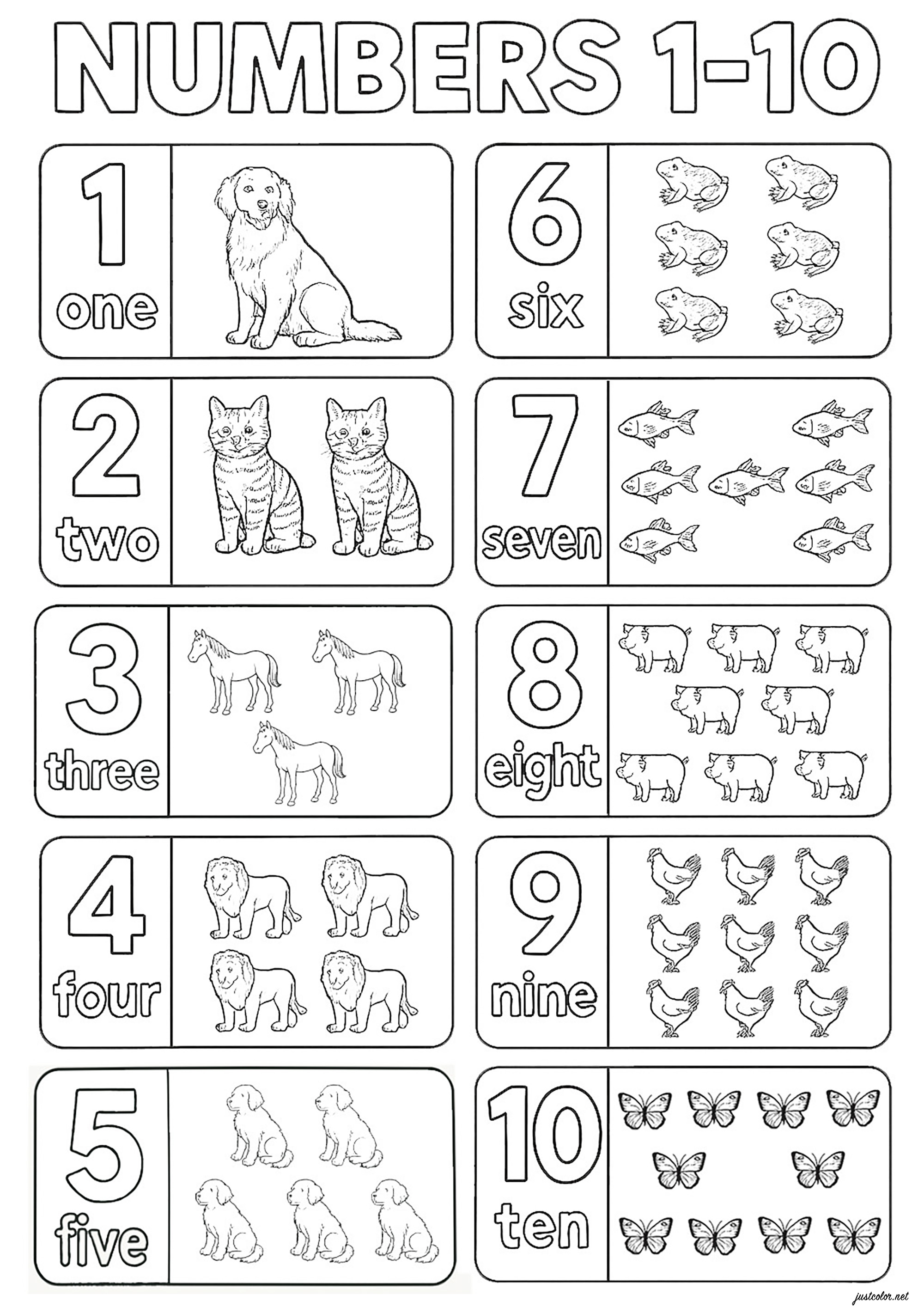 1到10的数字与动物名称 - 儿童着色页 : 数字