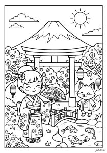 富士山樱花树下的孩子和狐狸
