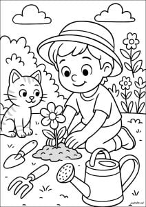 快乐园艺与一只小猫 (儿童着色 : 春天)