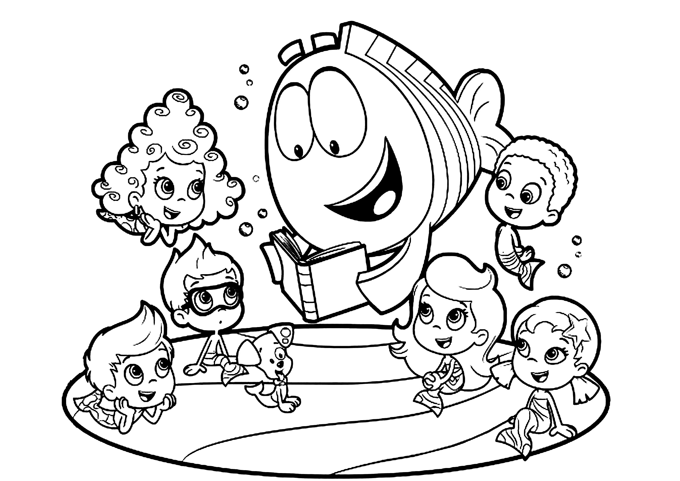 泡泡孔雀鱼中的所有角色齐聚一堂- 儿童着色页: 泡泡孔雀鱼, image size:2828x2000