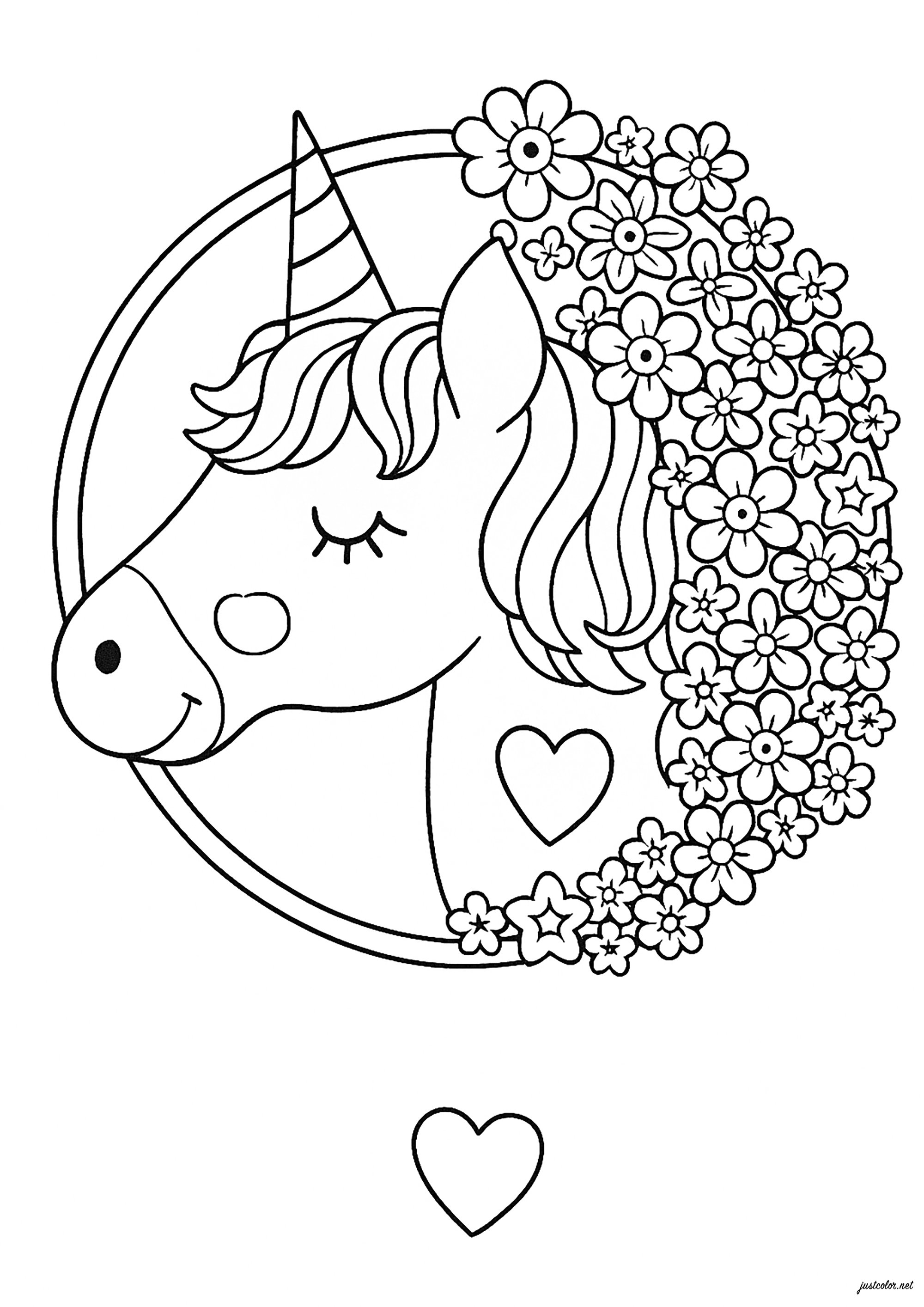 独角兽头与花朵- 儿童着色页: 独角兽, image size:2000x2828