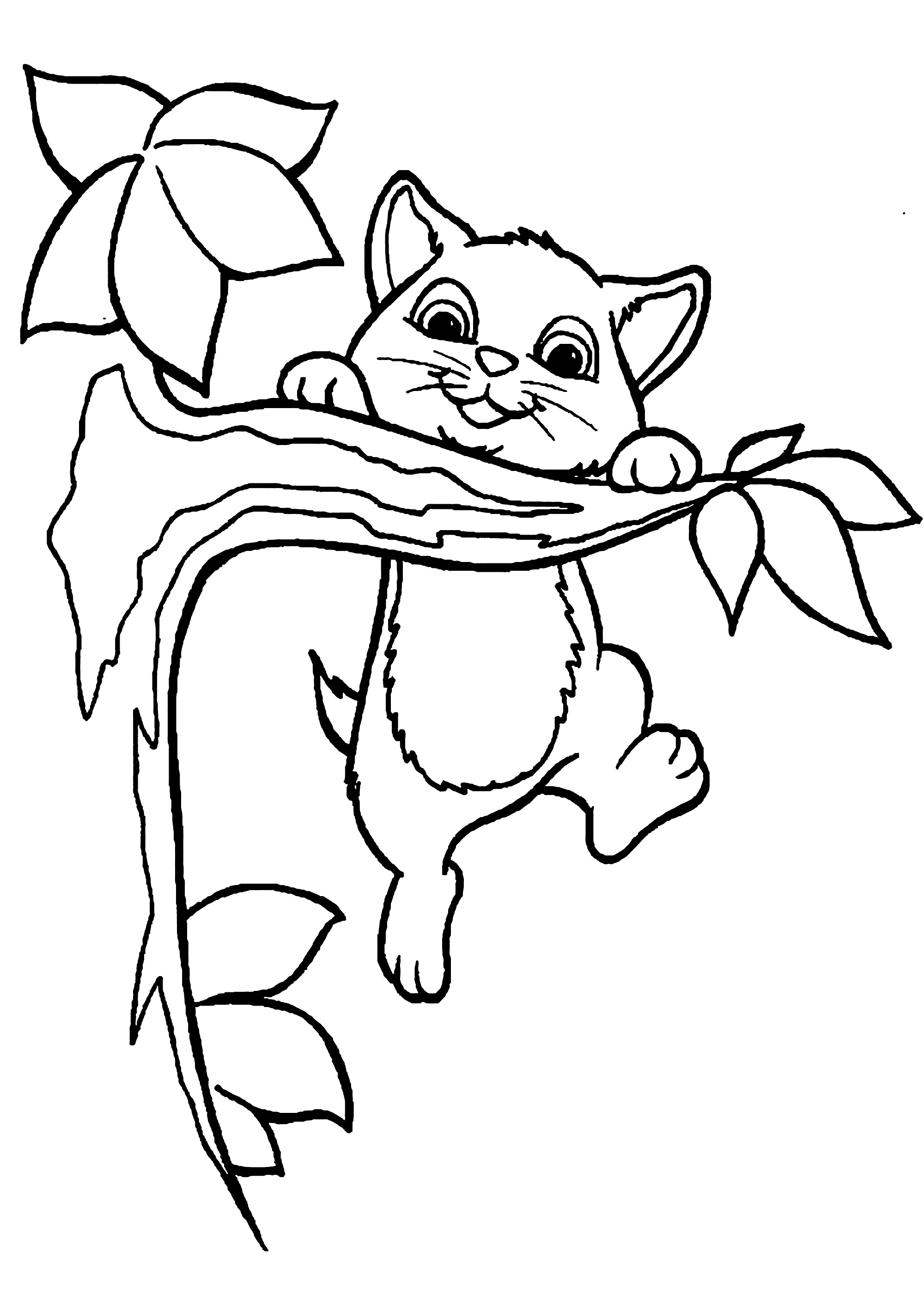 小猫抓着树枝- 儿童着色页: 猫, image size:2000x2828