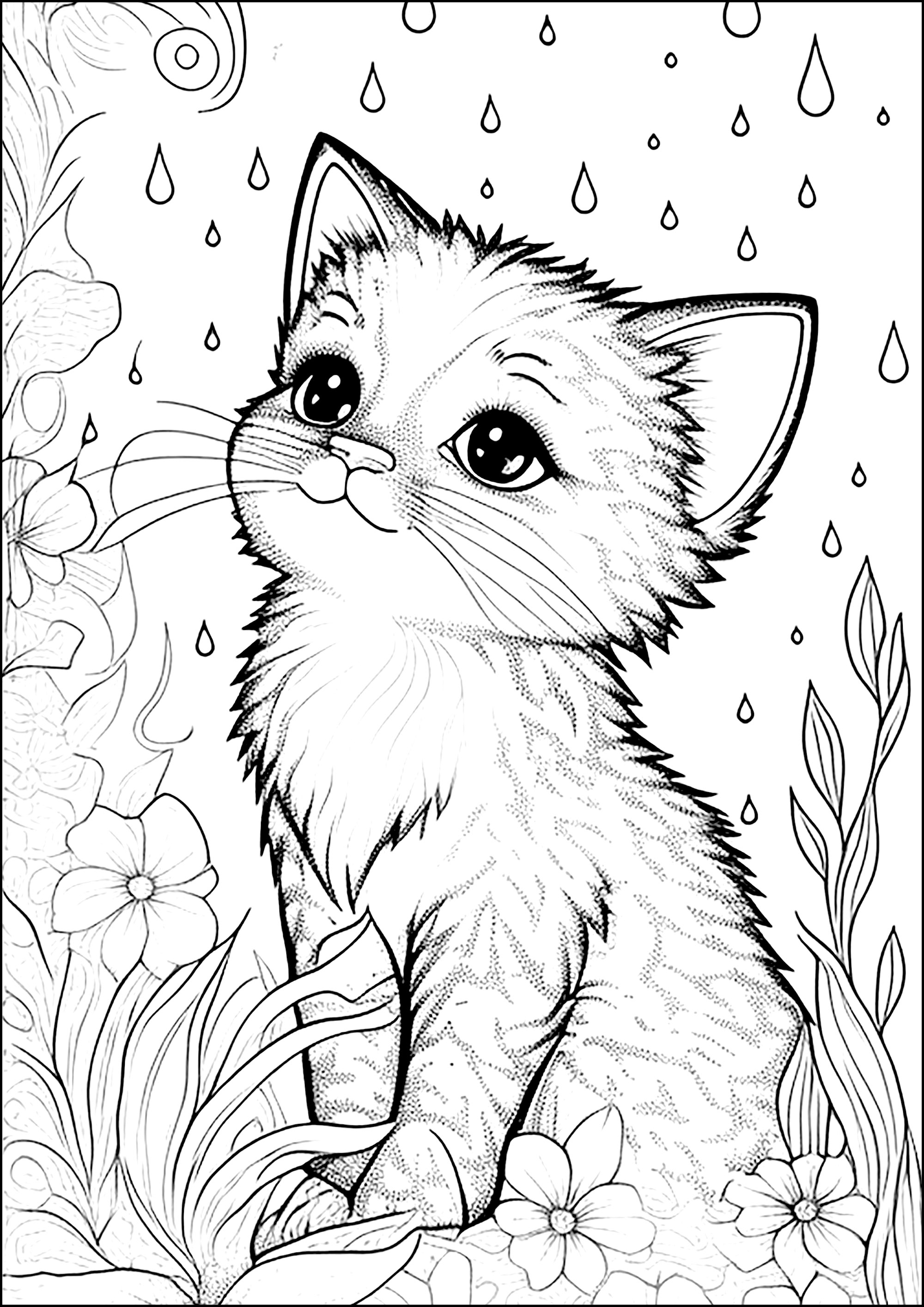 雨中非常可爱的小猫- 儿童着色页: 猫, image size:2000x2828