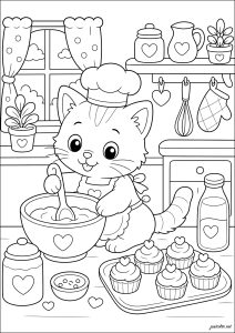 糕点师小猫正在制作纸杯蛋糕