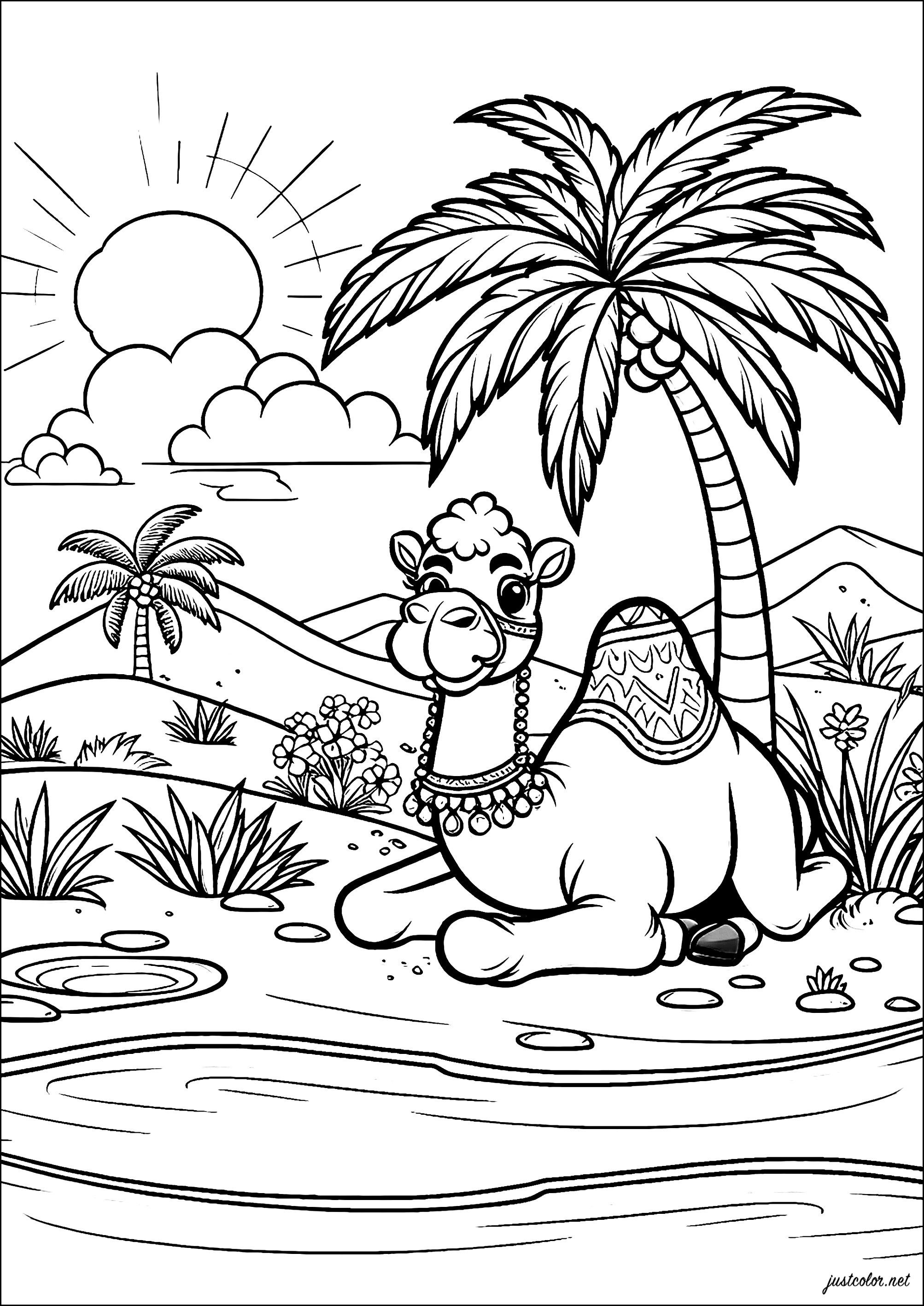 沙漠中安静的骆驼- 儿童着色页: 骆驼, image size:2006x2834