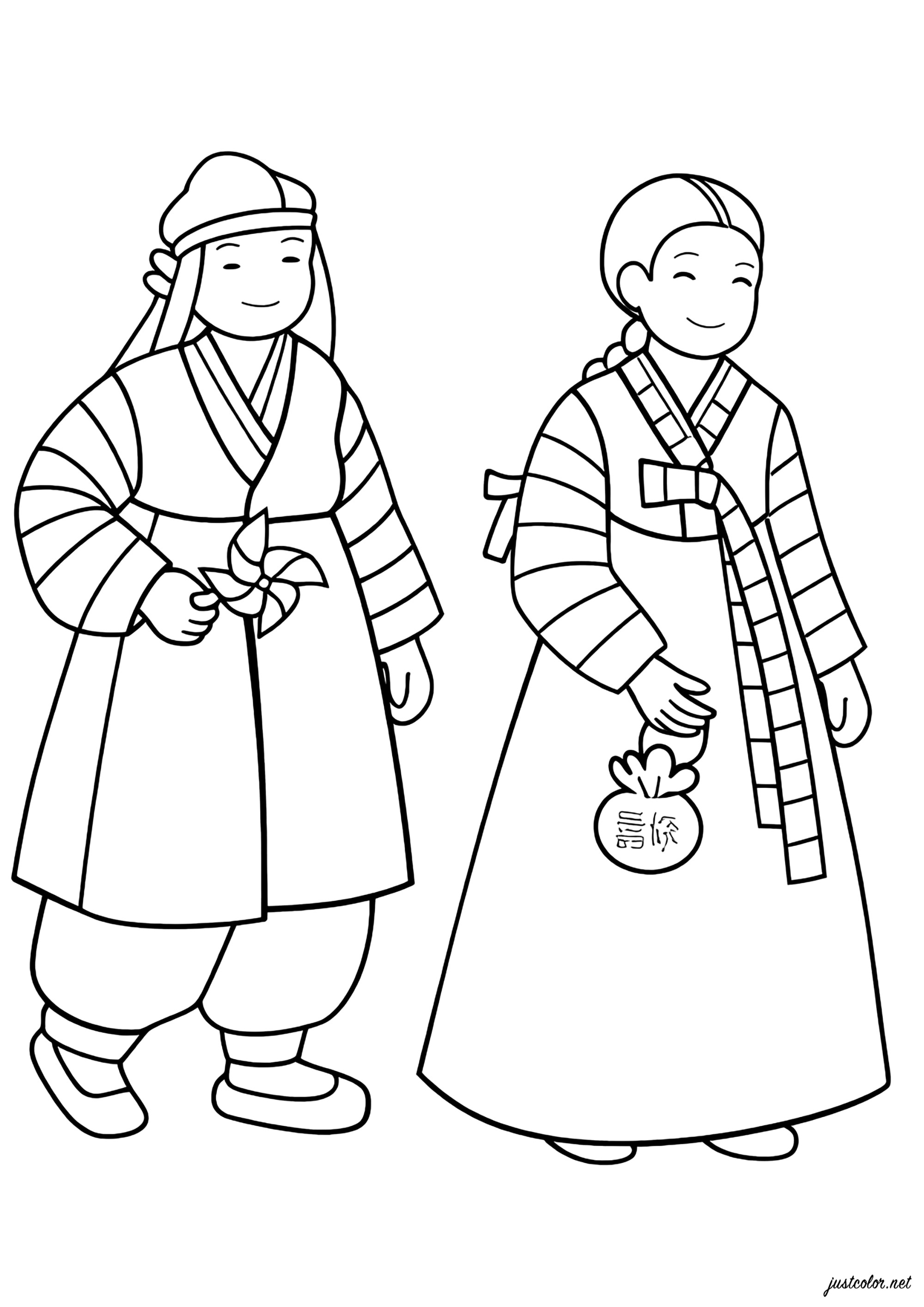 韩国传统服饰双人装 (供儿童打印的彩页 : Hanbok)