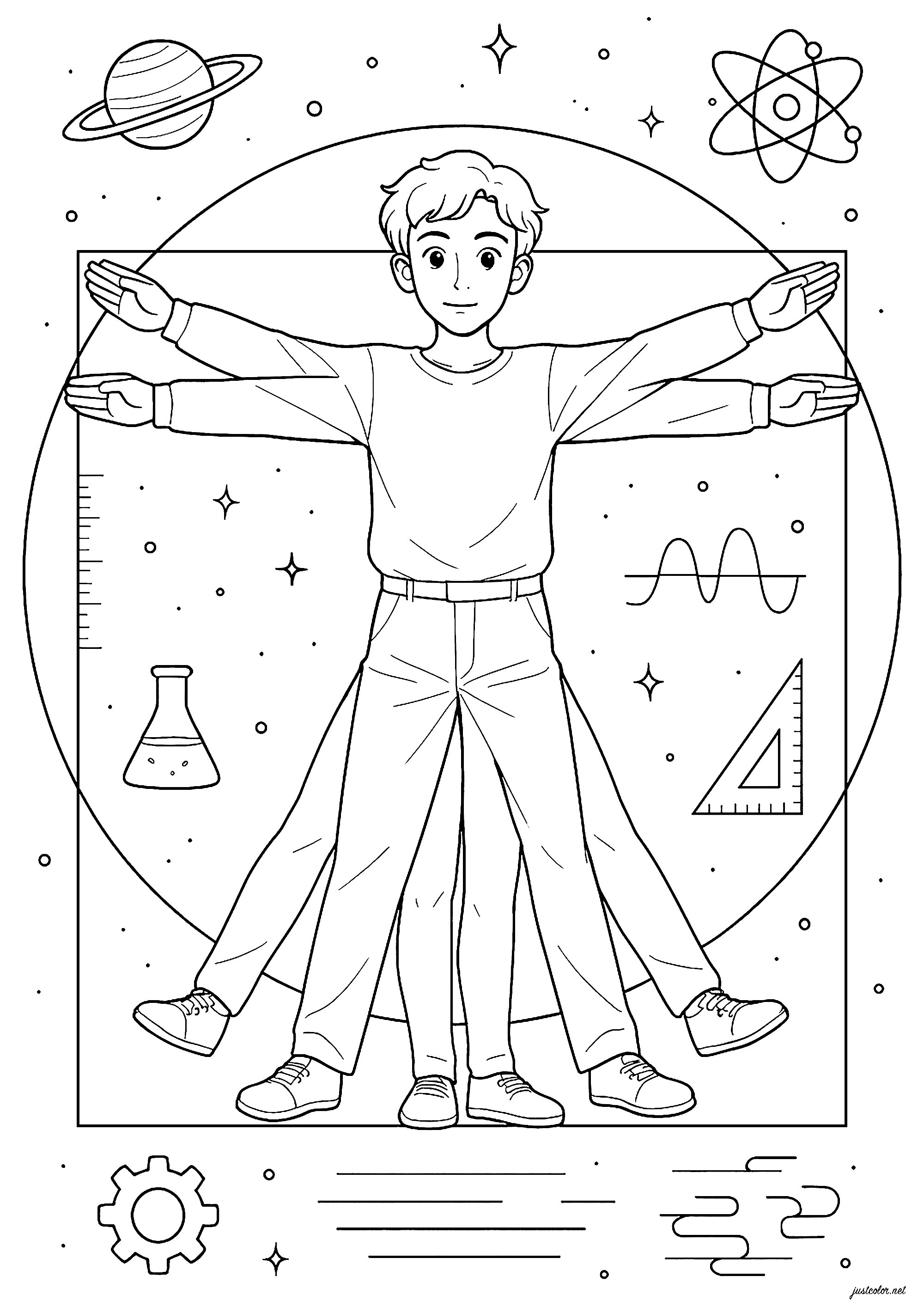 维特鲁威人改编以象征科学 (供儿童打印的彩页 : 列奥纳多·达·芬奇)