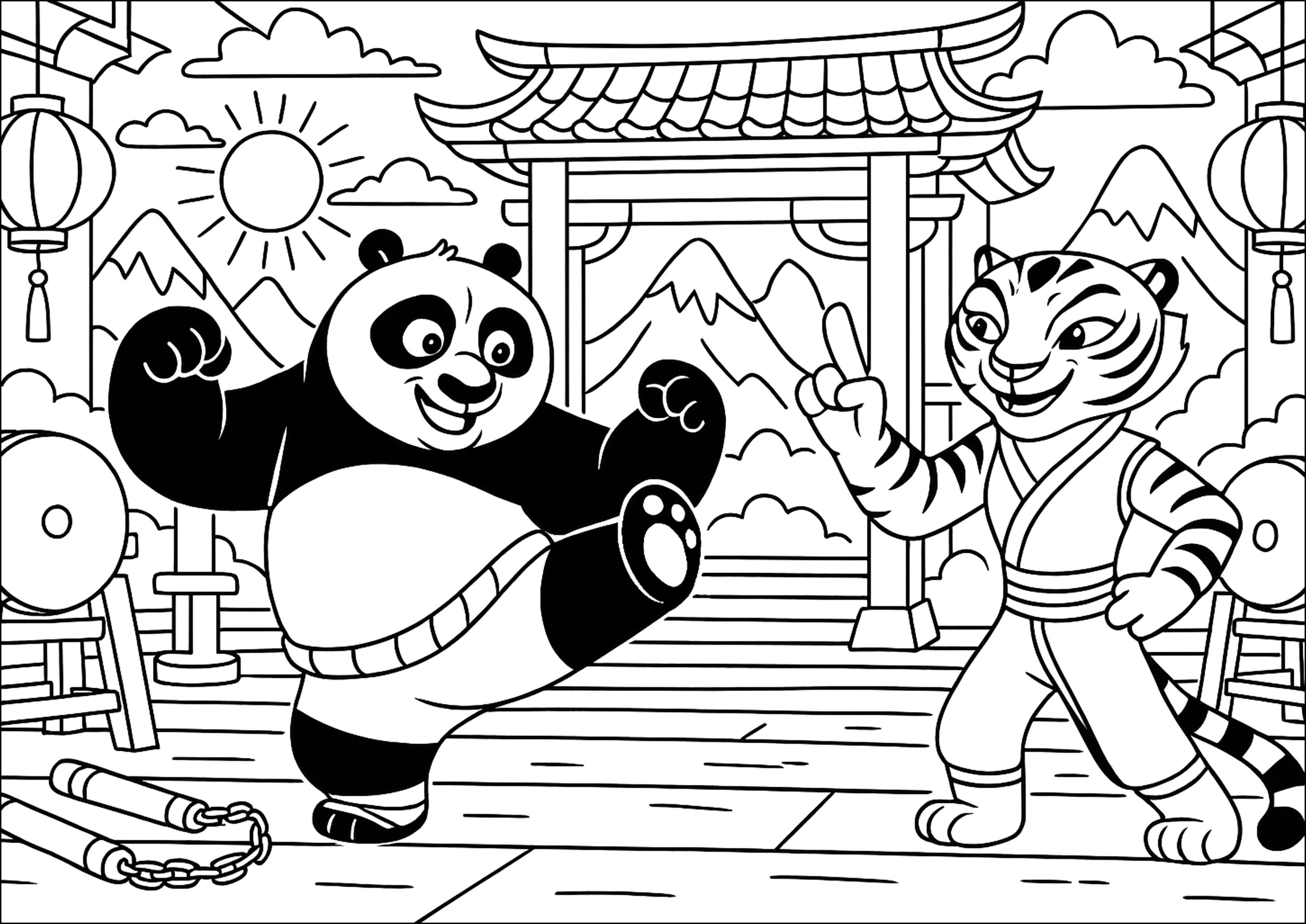阳光下的欢乐战斗 (供儿童打印的彩页 : 功夫熊猫)