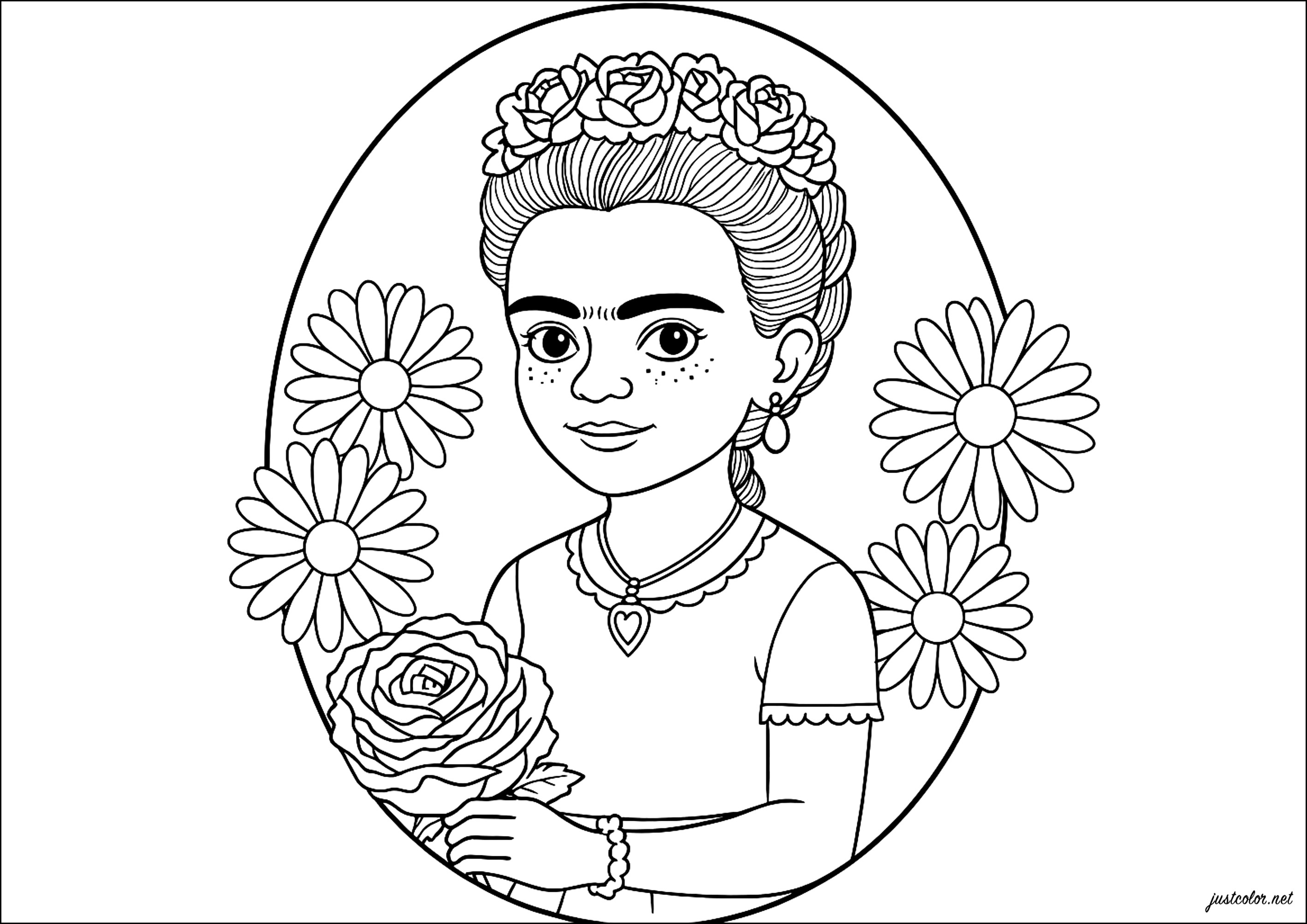 弗里达·卡罗与美丽的花朵 (供儿童打印的彩页 : 弗里达·卡罗)