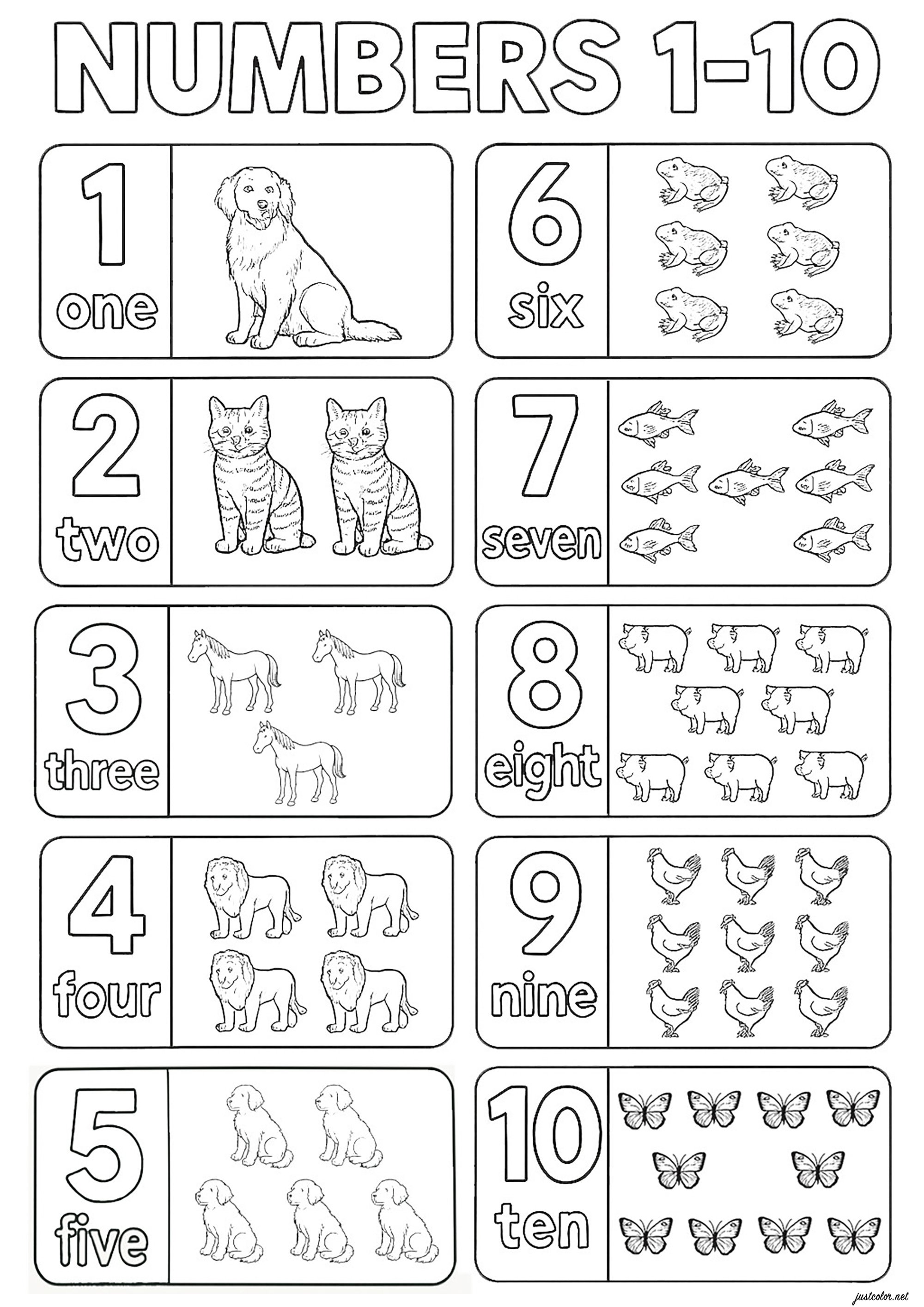 1到10的数字与动物名称 (供儿童打印的彩页 : 数字)