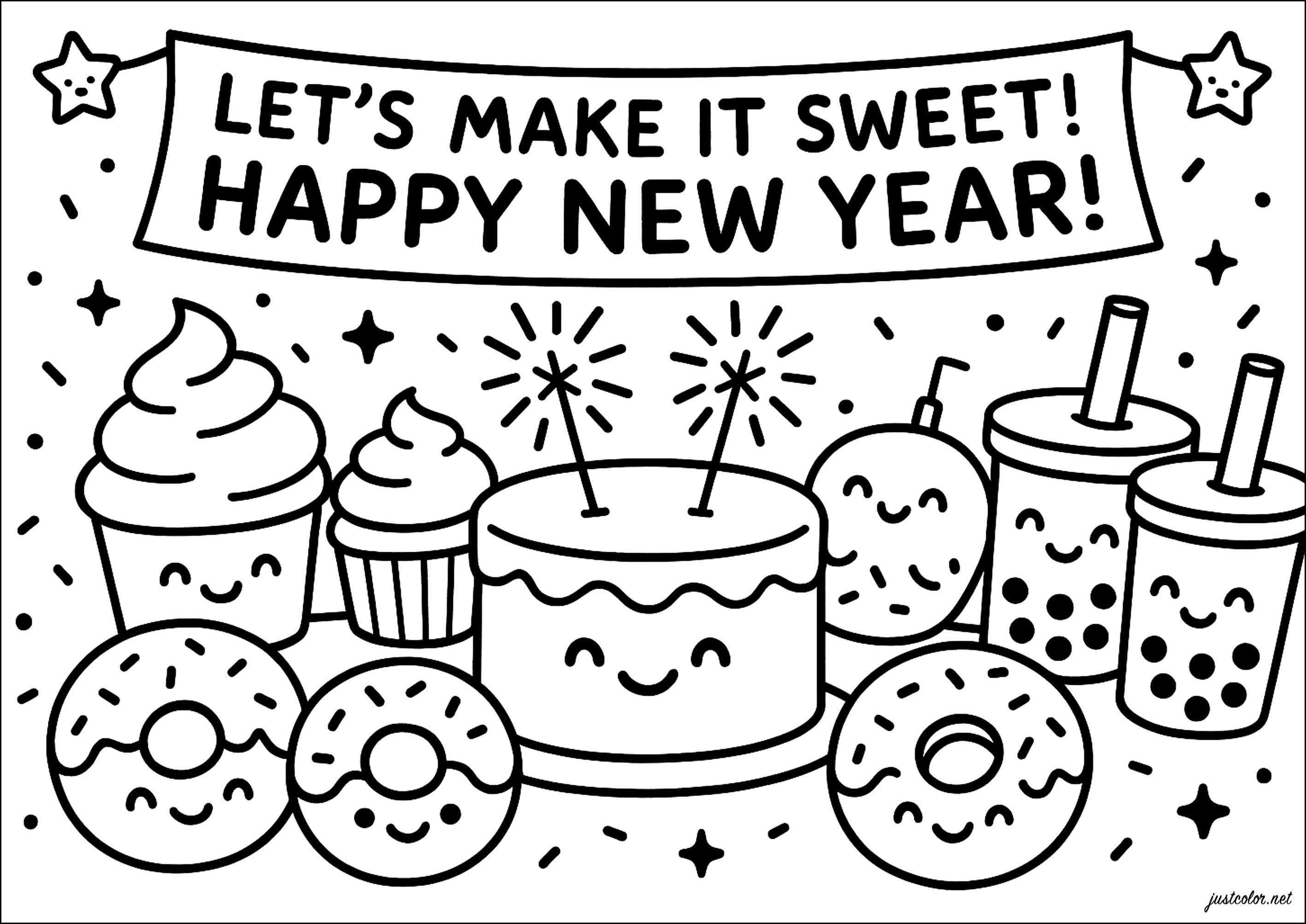 美食佳肴庆丰年 (供儿童打印的彩页 : 新年快乐)