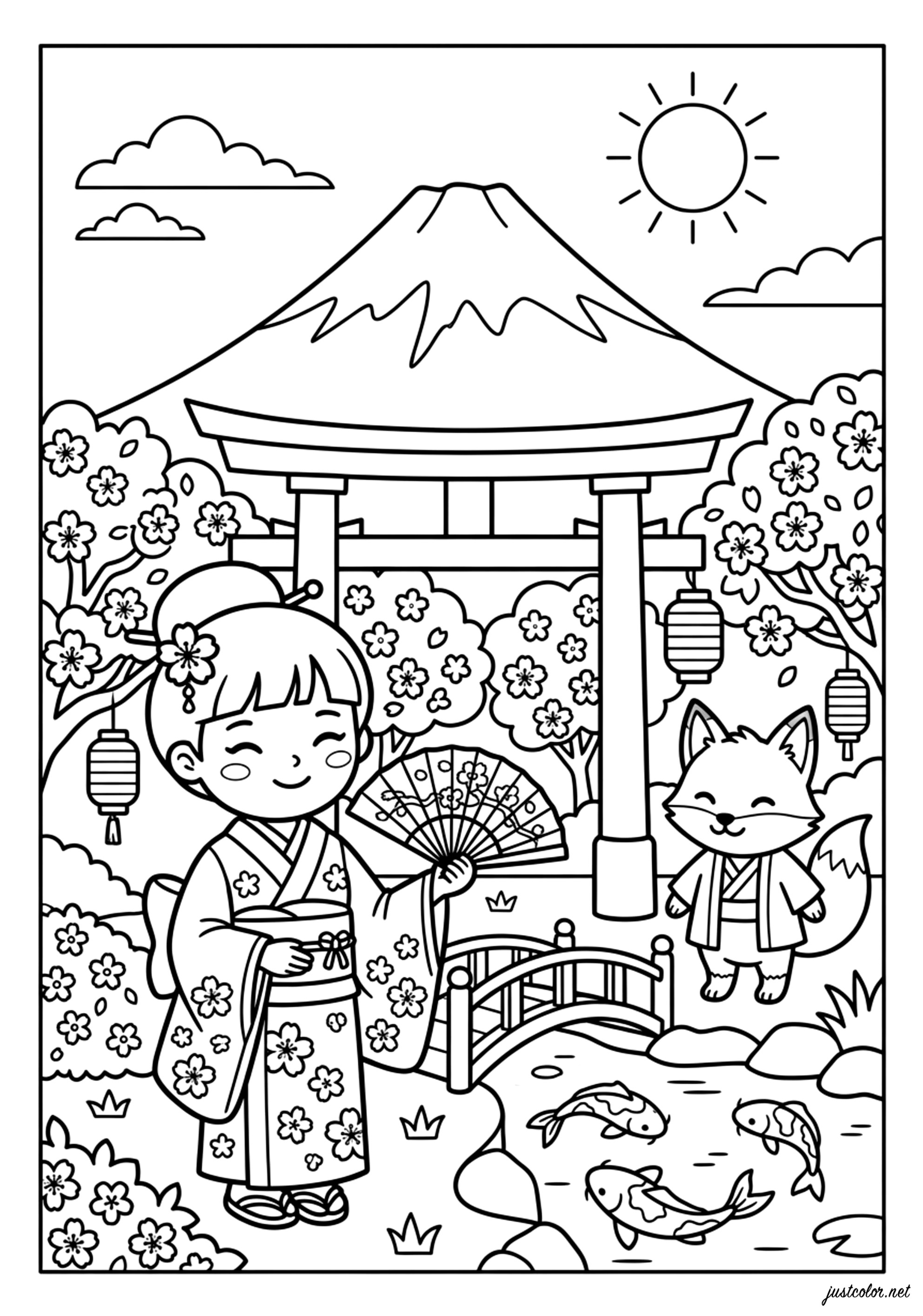 富士山樱花树下的孩子和狐狸 (供儿童打印的彩页 : 日本)