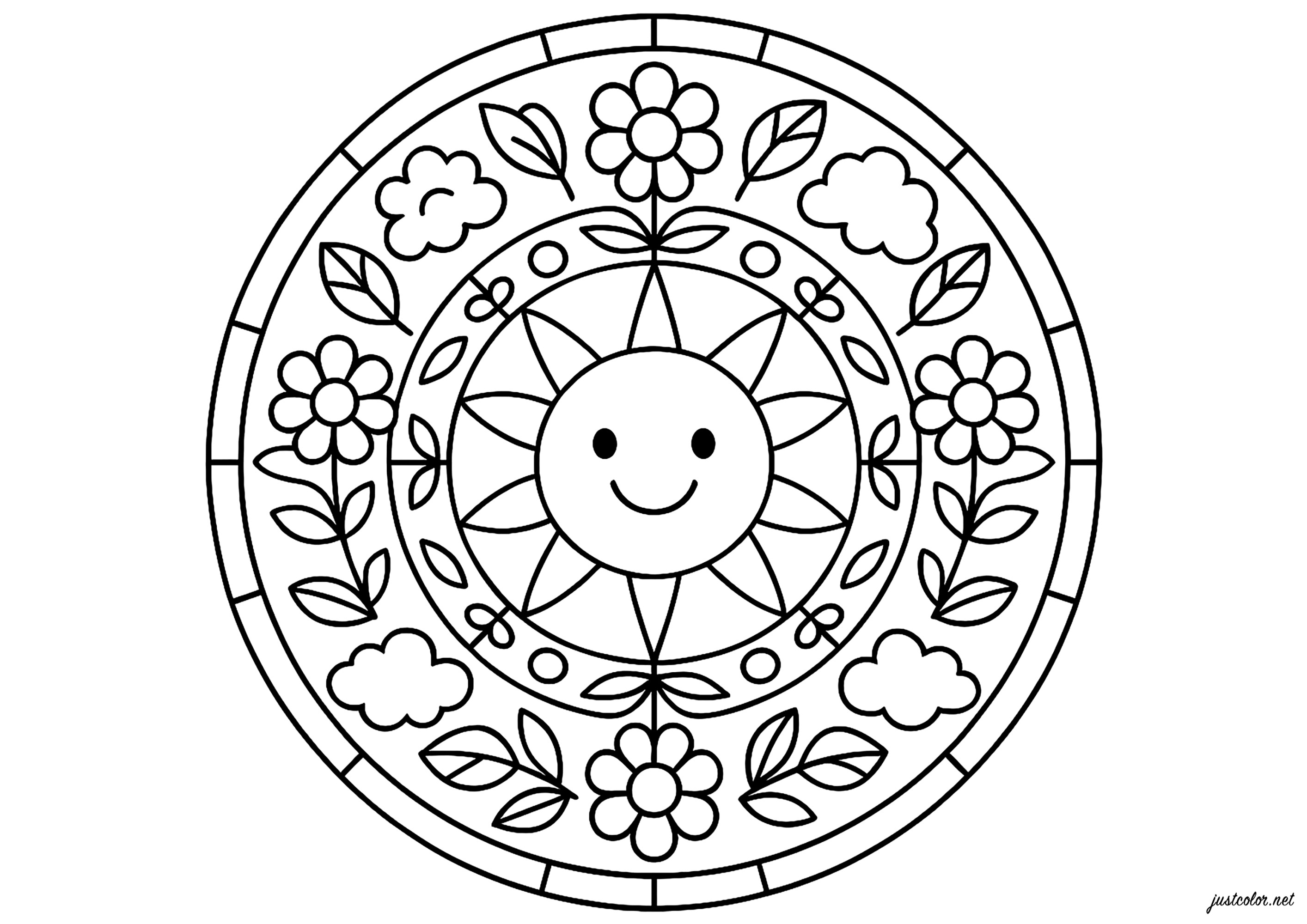 微笑的太阳与花朵曼陀罗 (供儿童打印的彩页 : 曼陀罗)