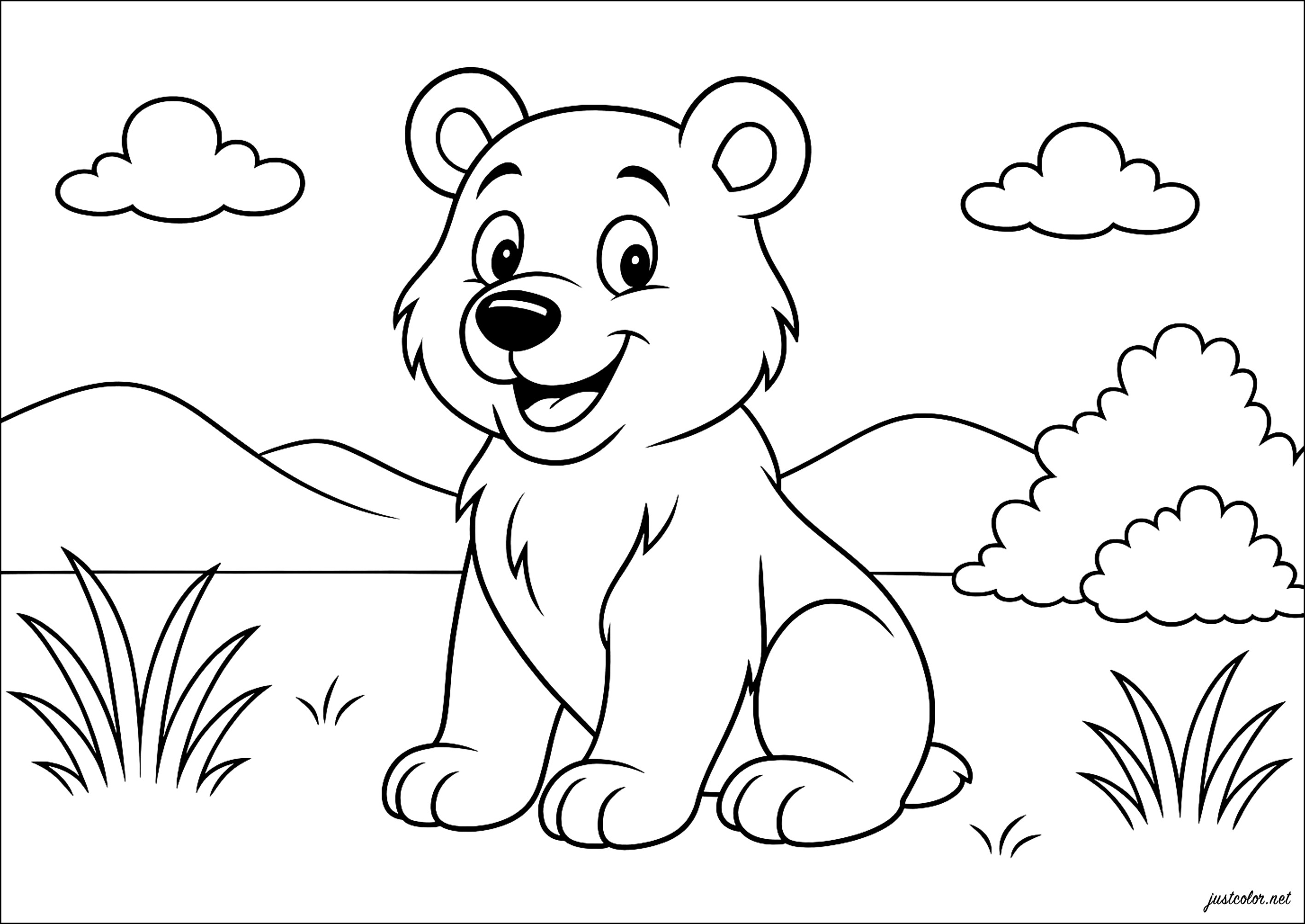 快乐的熊在自然中微笑 (供儿童打印的彩页 : 泰迪熊)