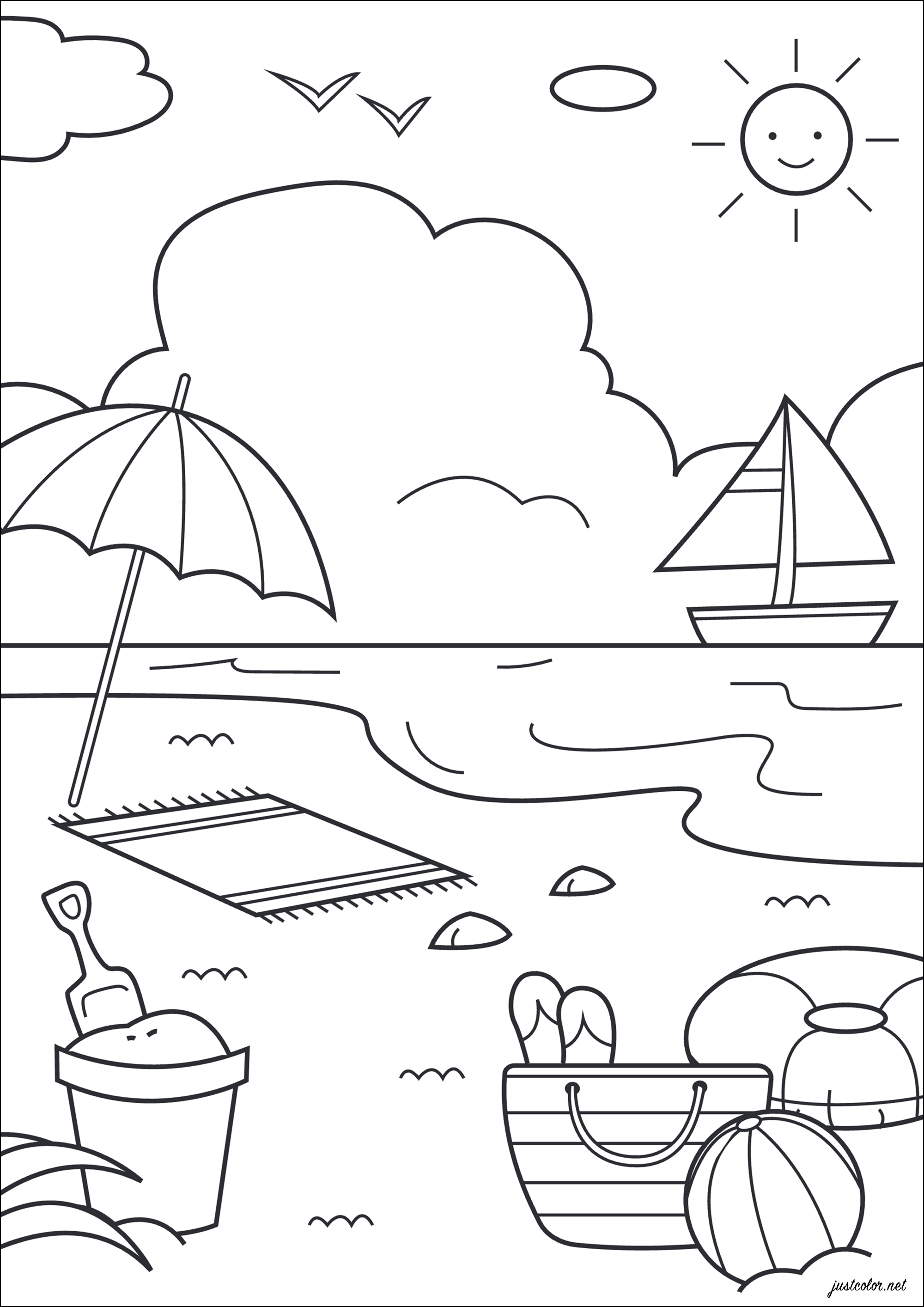 海滩,大海,假期! (供儿童打印的彩页 : 海滩度假)