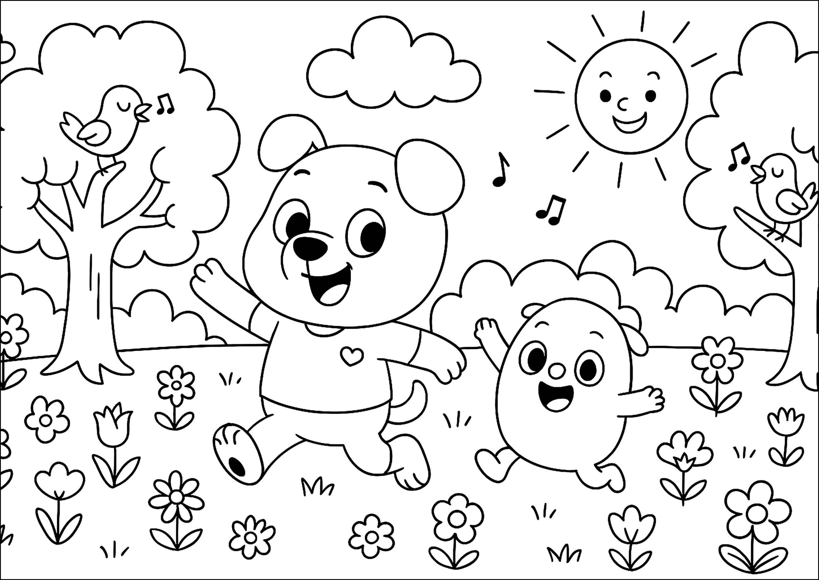 在公园里愉快的散步 (供儿童打印的彩页 : 狗)