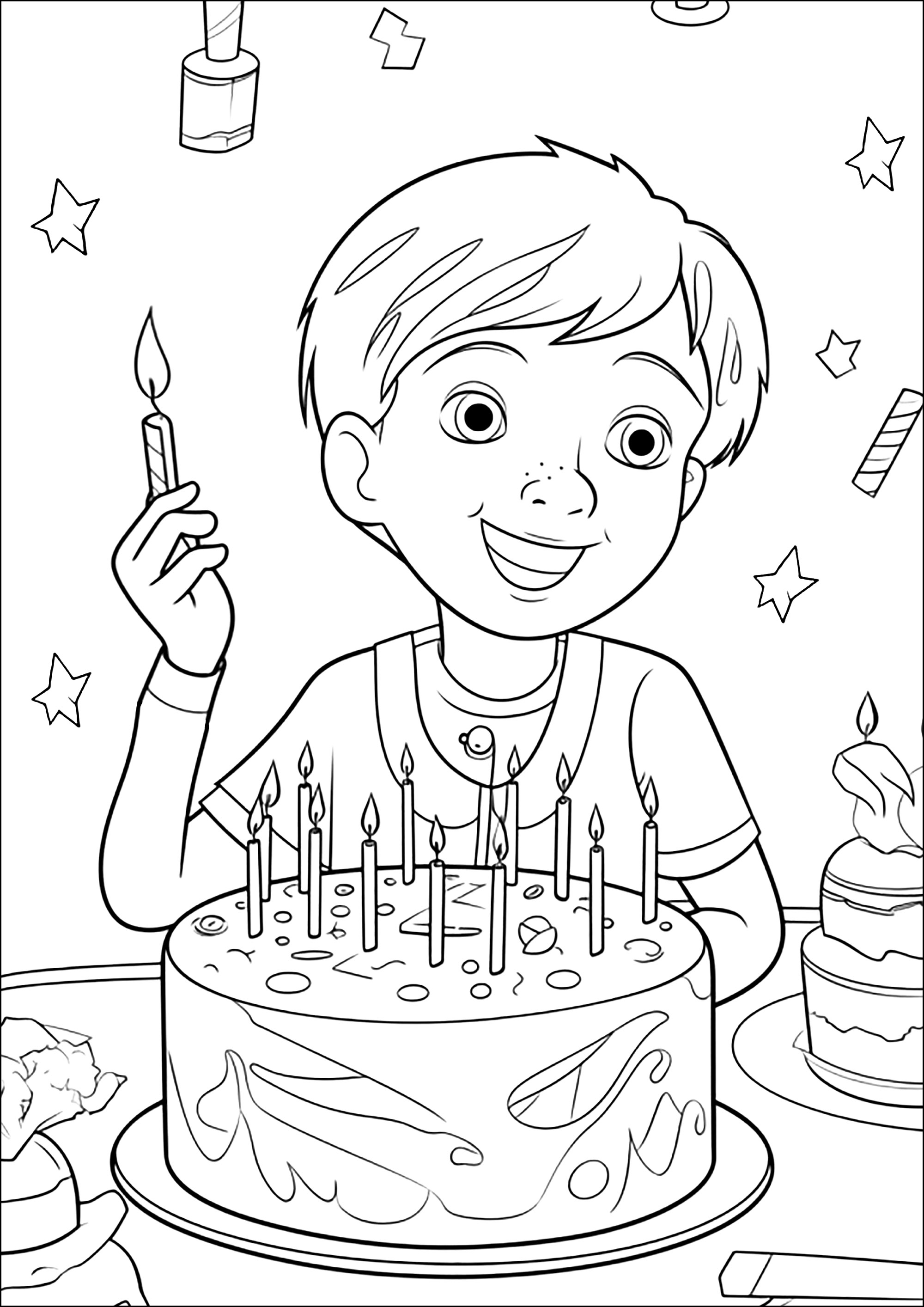 一个男孩正在用一个漂亮的蛋糕庆祝他的生日 (供儿童打印的彩页 : 生日)