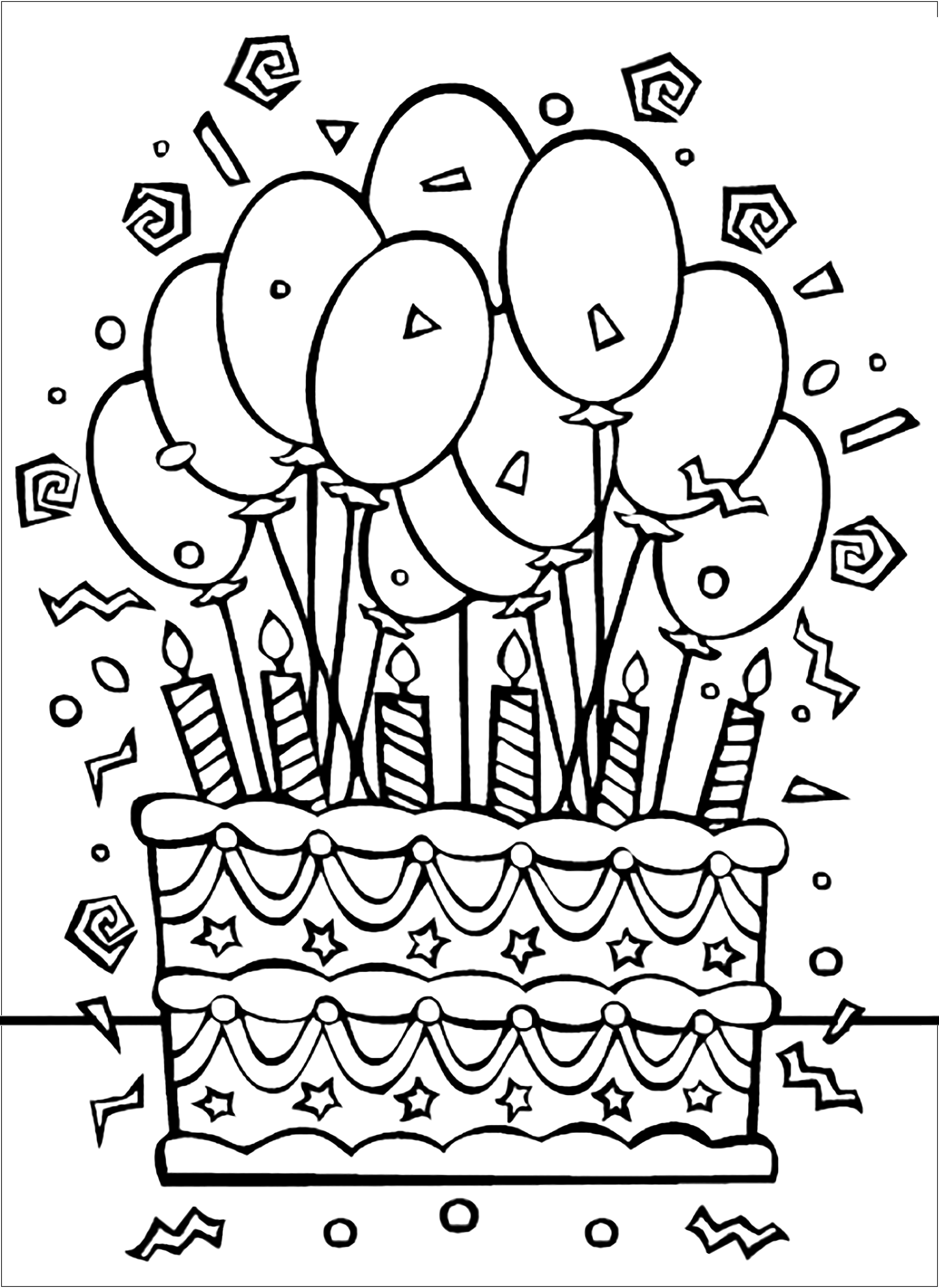 生日蛋糕和许多气球 (供儿童打印的彩页 : 生日)