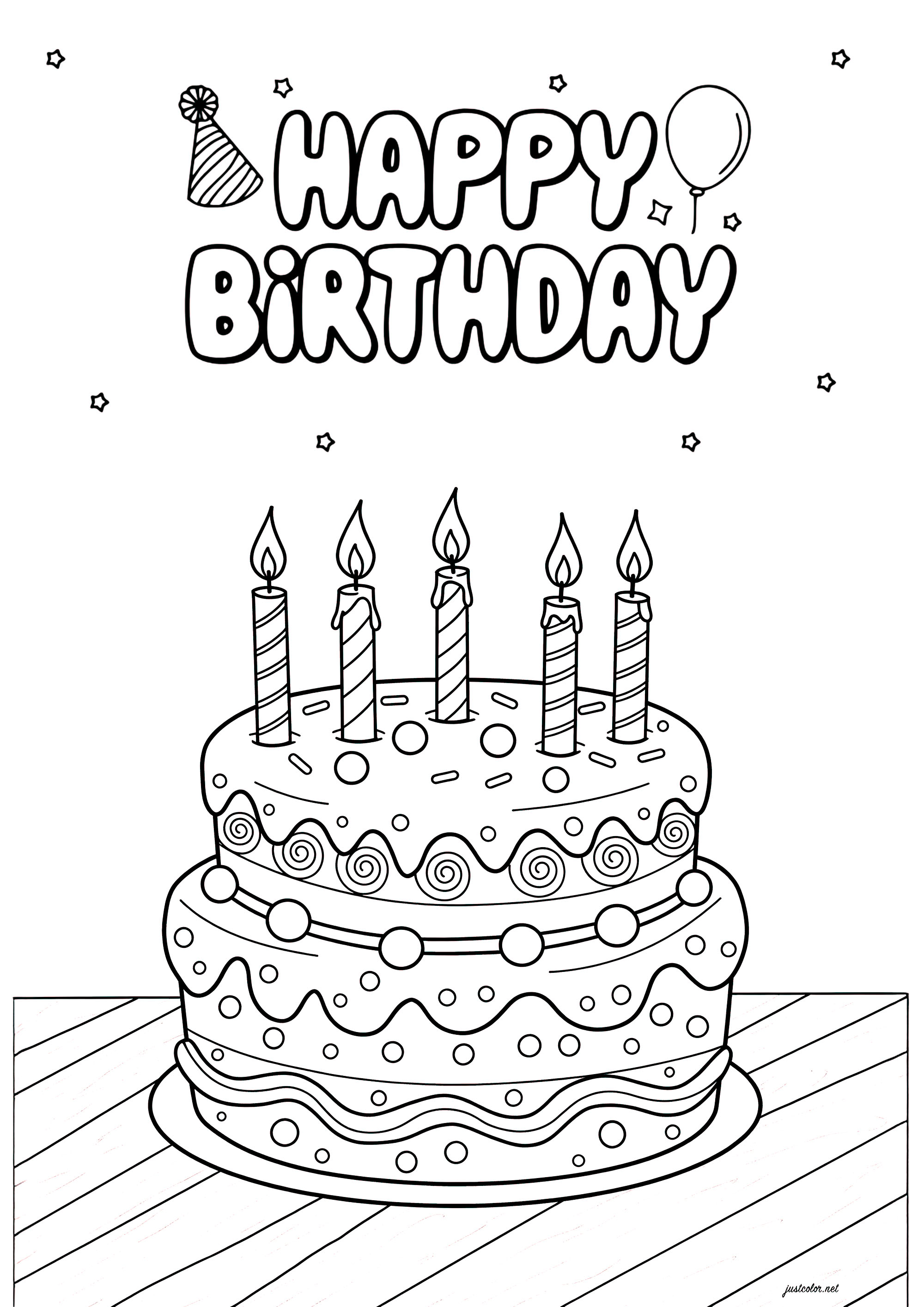 一个好的生日蛋糕，上面插着五支蜡烛 (供儿童打印的彩页 : 生日)