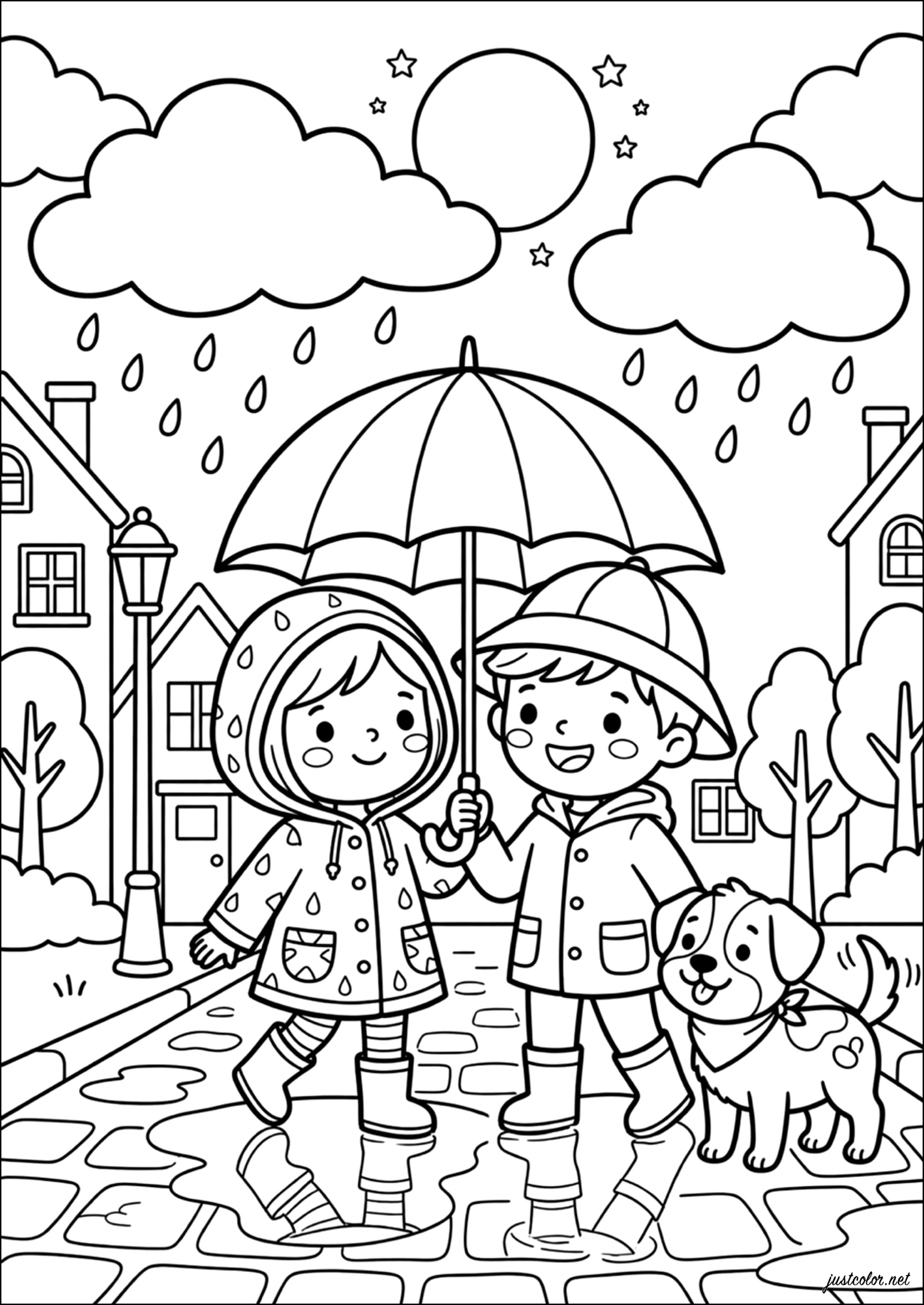 孩子们在街上的伞下 (供儿童打印的彩页 : 雨天)
