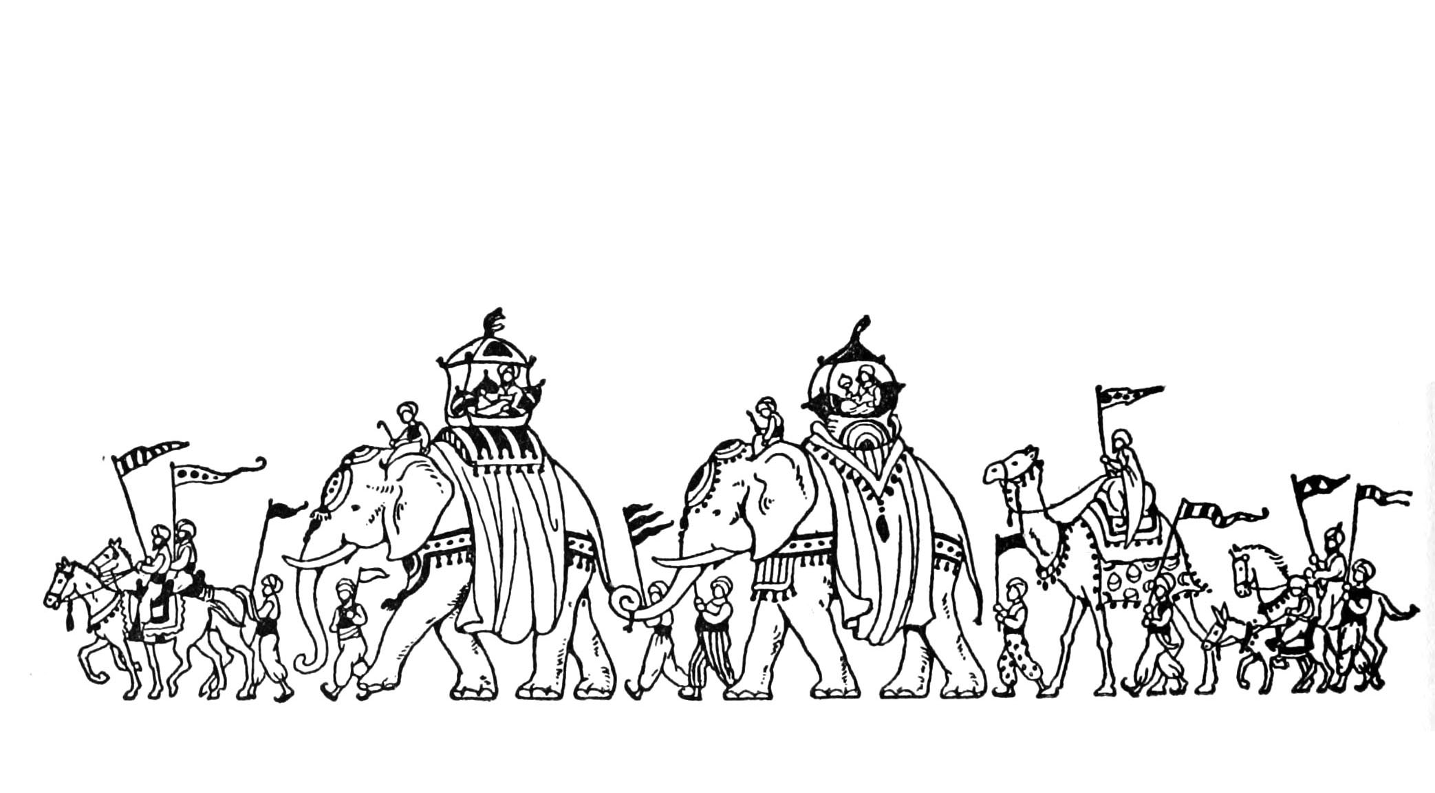 Desfile de prestigiosos elefantes adornados con joyas orientales y príncipes a la espalda