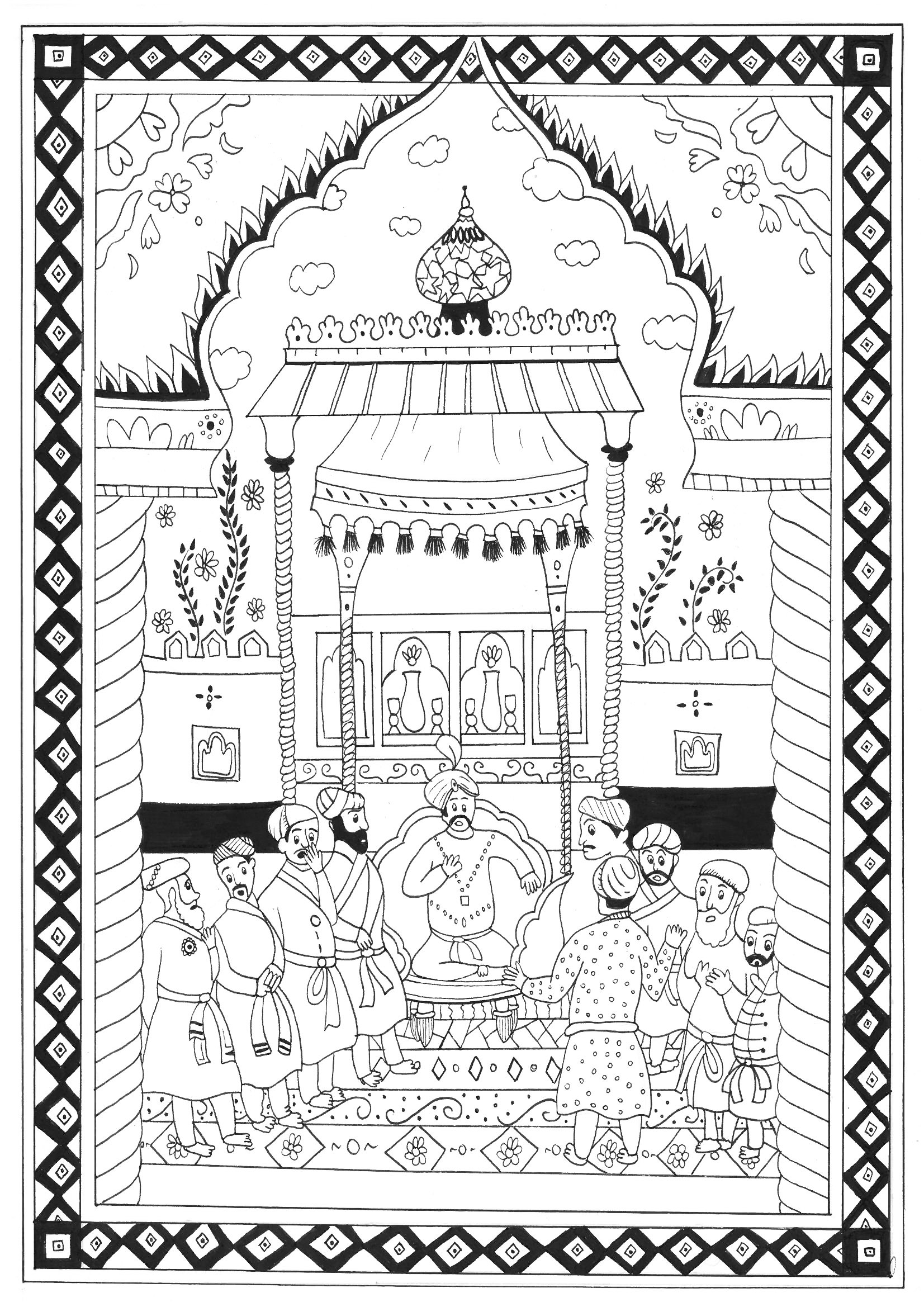 Varios Maharajás en un palacio oriental. La obra 'Las mil y una noches' fue recopilada a lo largo de muchos siglos por diversos autores, traductores y eruditos de Asia occidental, central y meridional y del norte de África. Los cuentos se remontan al folclore y la literatura árabe, persa, mesopotámica, india y egipcia antigua y medieval, Artista : Rachel