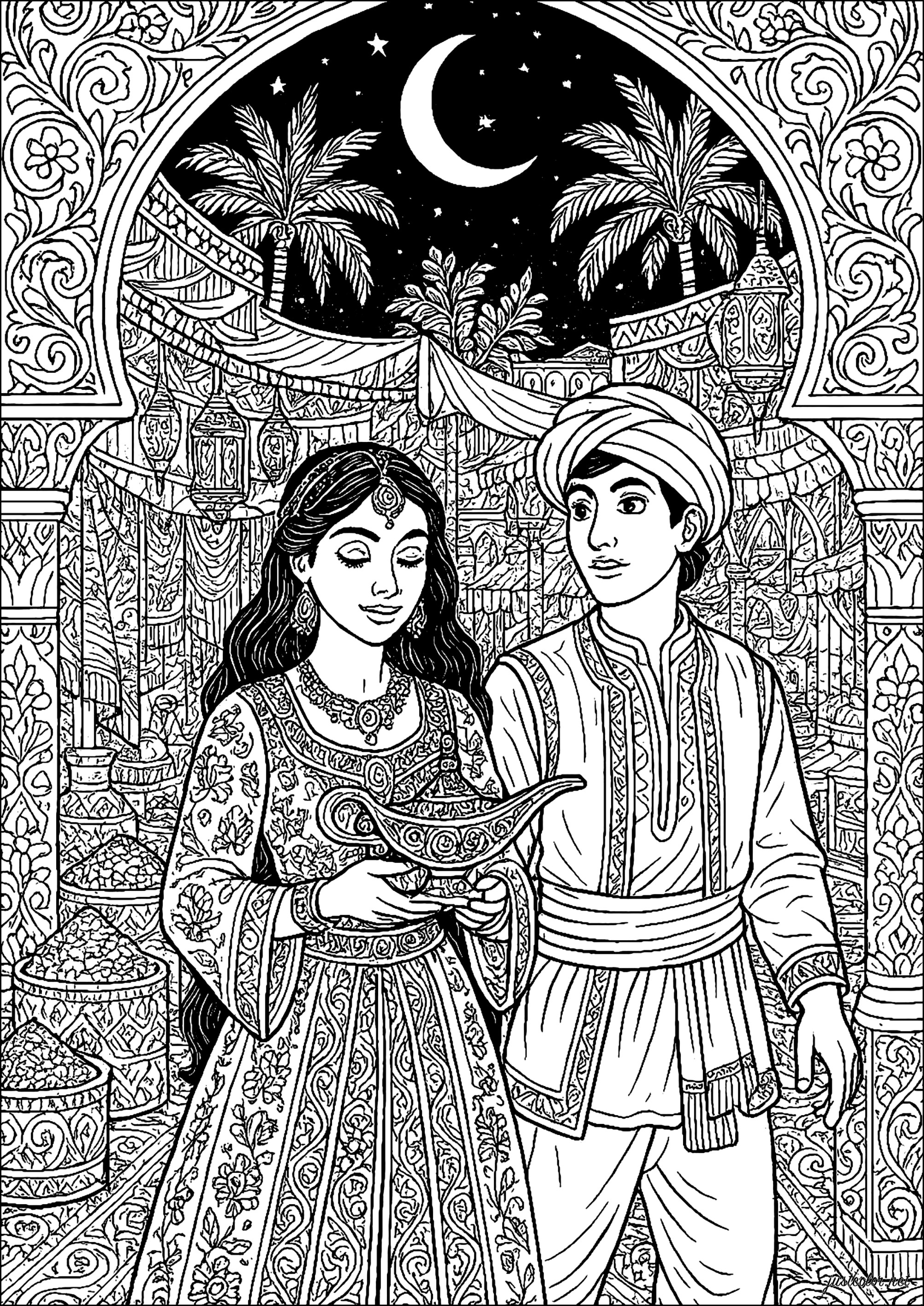 Aladino y la lámpara mágica bajo la luna creciente (Página de Este y 1001 Noches para imprimir para adultos)