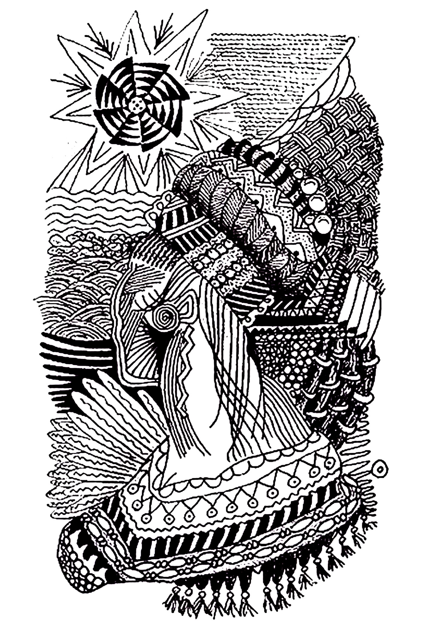 Dibujo de una mujer africana con motivos de zentangle. Las líneas están dibujadas con cierta suavidad, y los patrones de Zentangle añaden un toque de originalidad y sofisticación.Esta página para colorear es una forma estupenda de evadirte y volver a conectar con tu lado creativo.