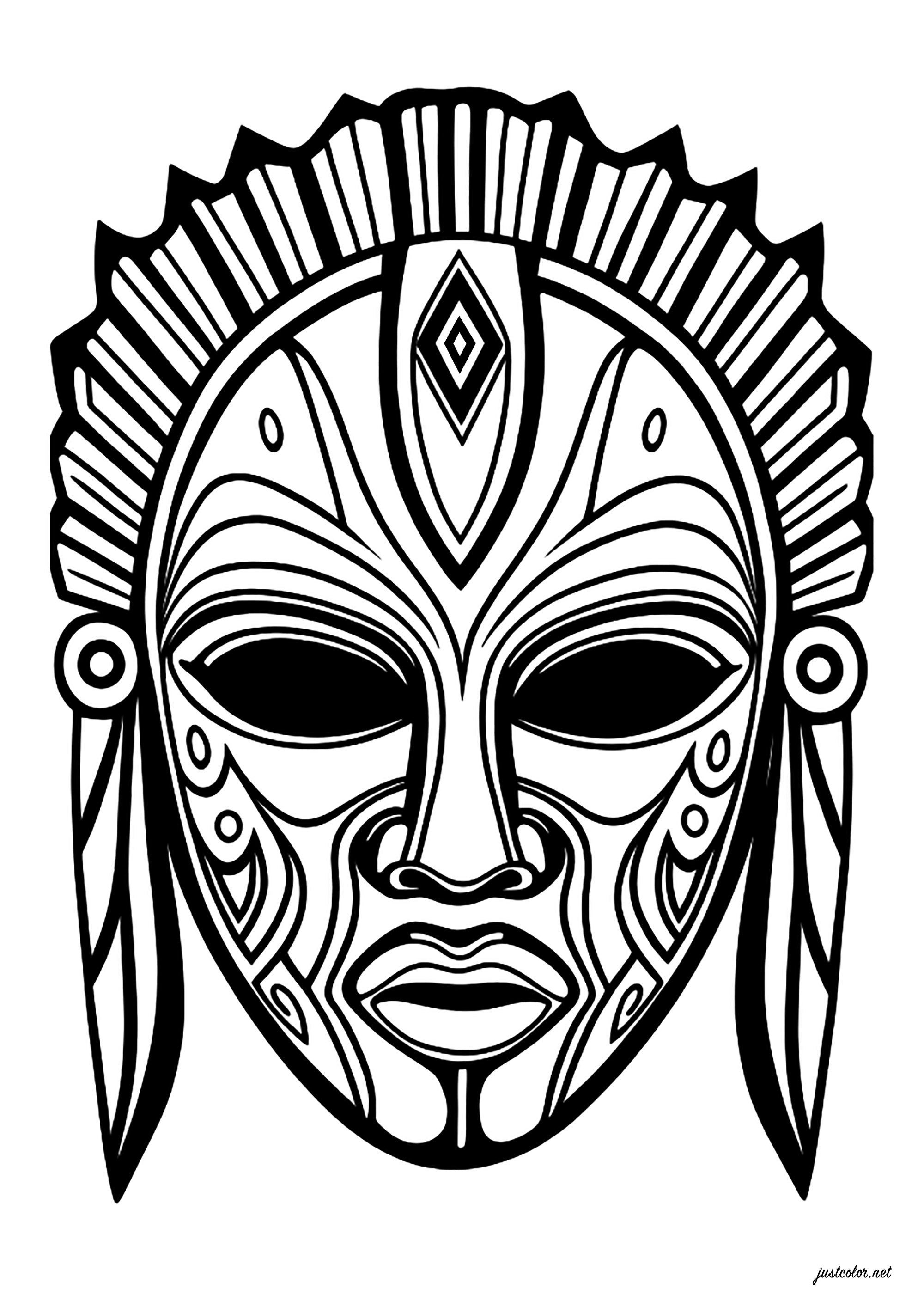 Máscara imaginaria, inspirada en las máscaras africanas. Numerosos motivos interiores, que permiten colorear la máscara en una amplia gama de colores