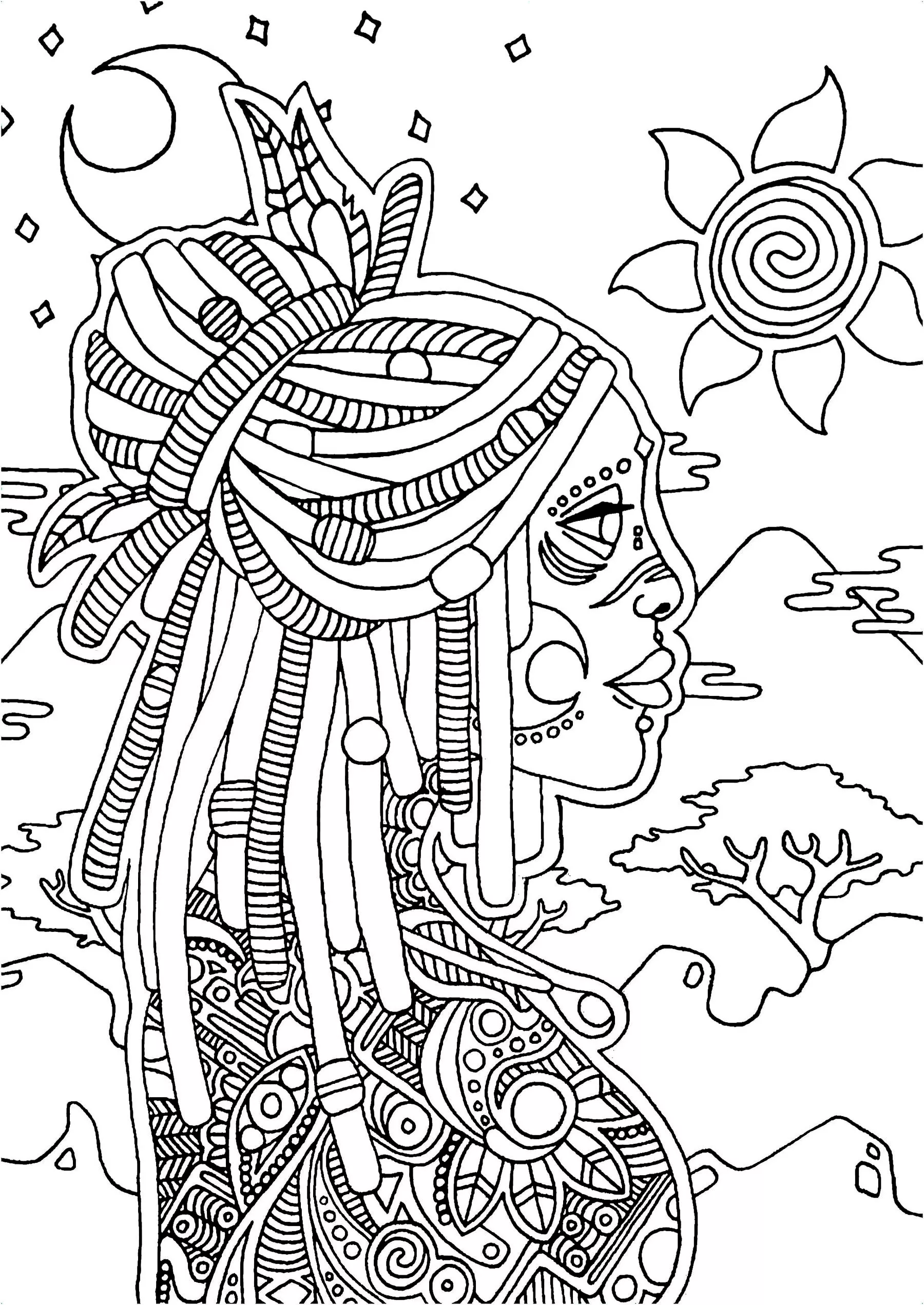 Retrato de mujer con paisaje (Página de África para imprimir para adultos)