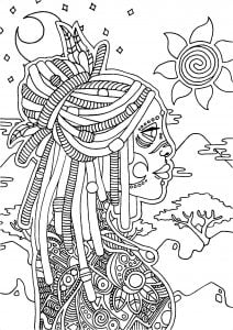 Página de África para imprimir para adultos : Retrato de mujer con paisaje