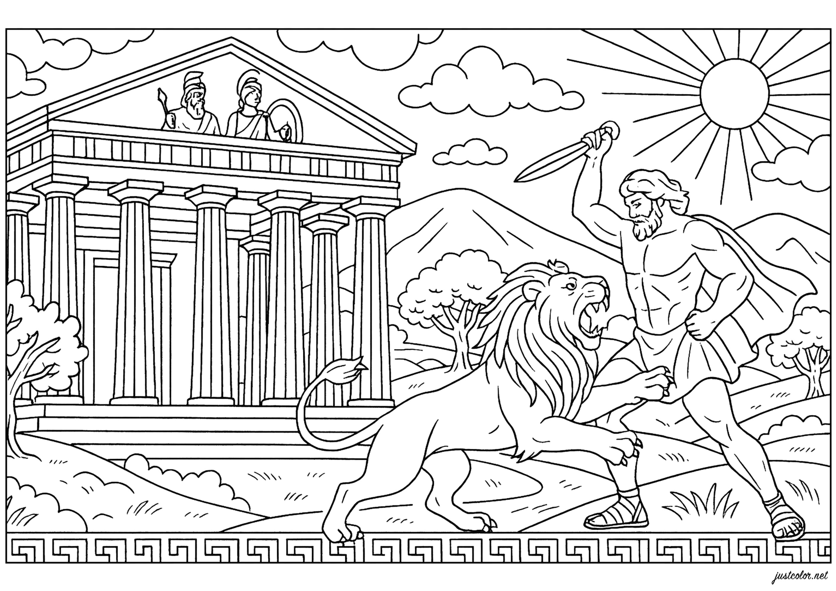 Templo y Héroe de la Antigua Grecia (Página para imprimir para adultos)