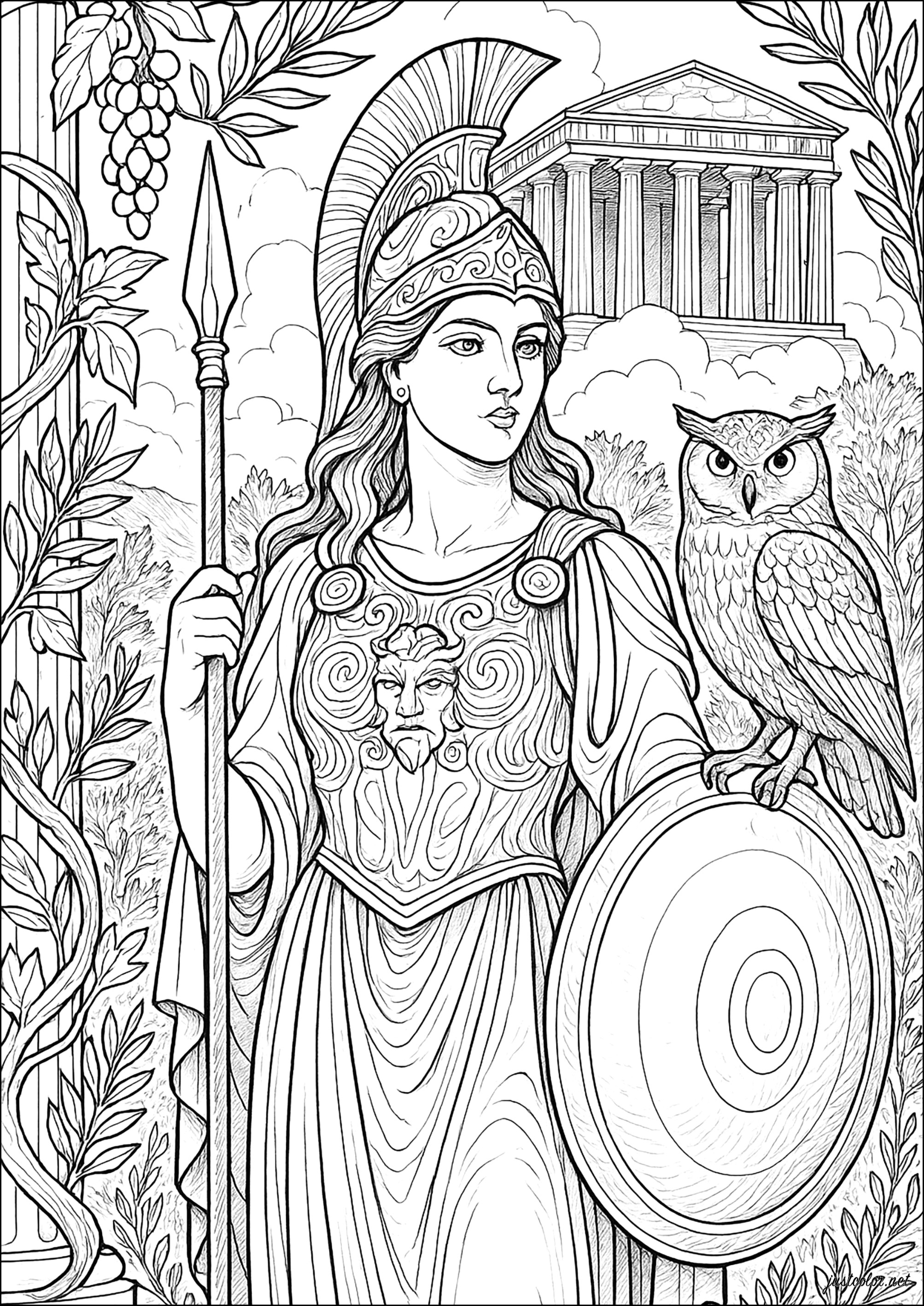 Atenea, diosa de la sabiduría (Página de Antigua Grecia para imprimir para adultos)