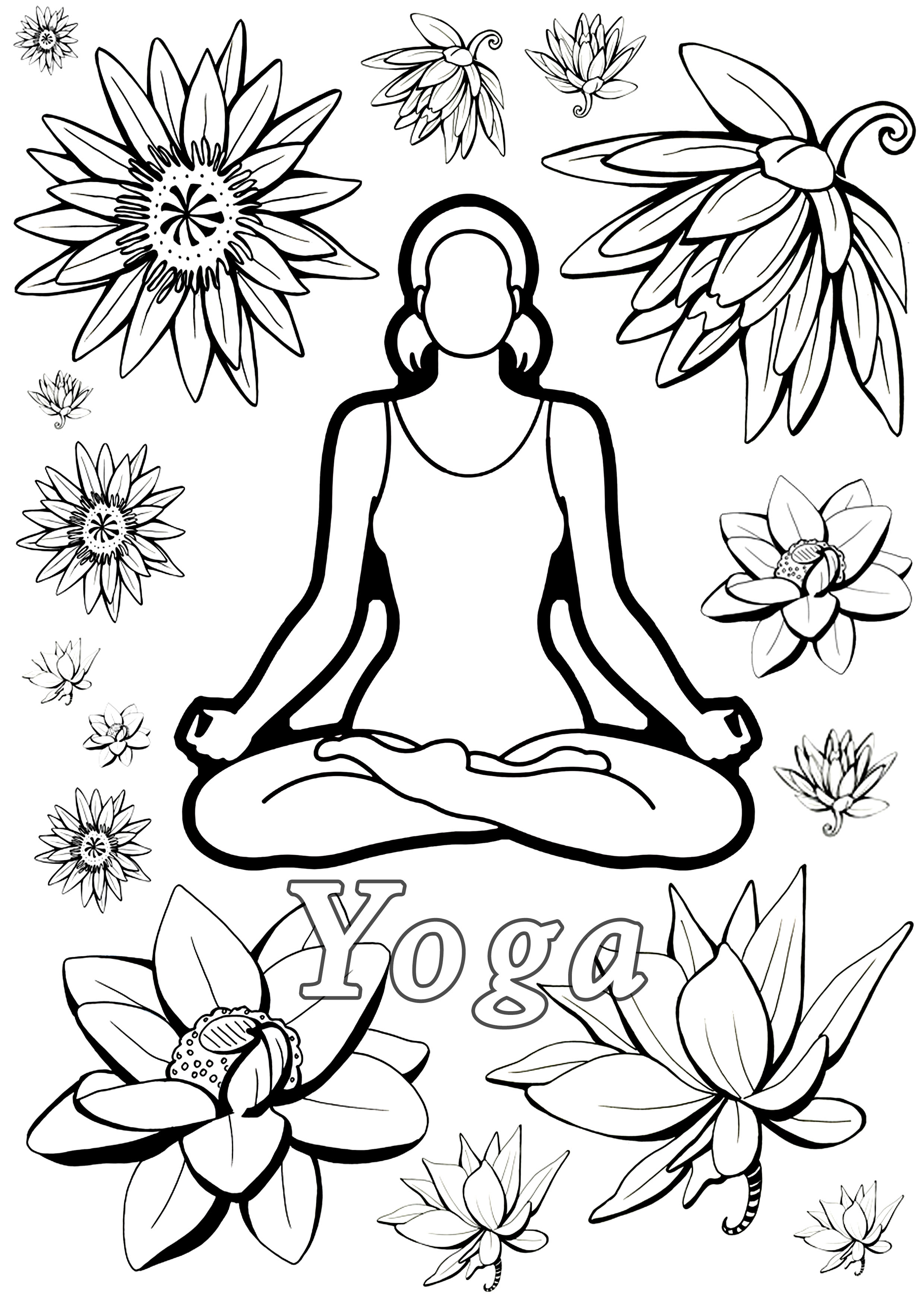 Página para colorear inspirada en el Yoga : mujer meditando y Flores de Loto, Artista : Art'Isabelle