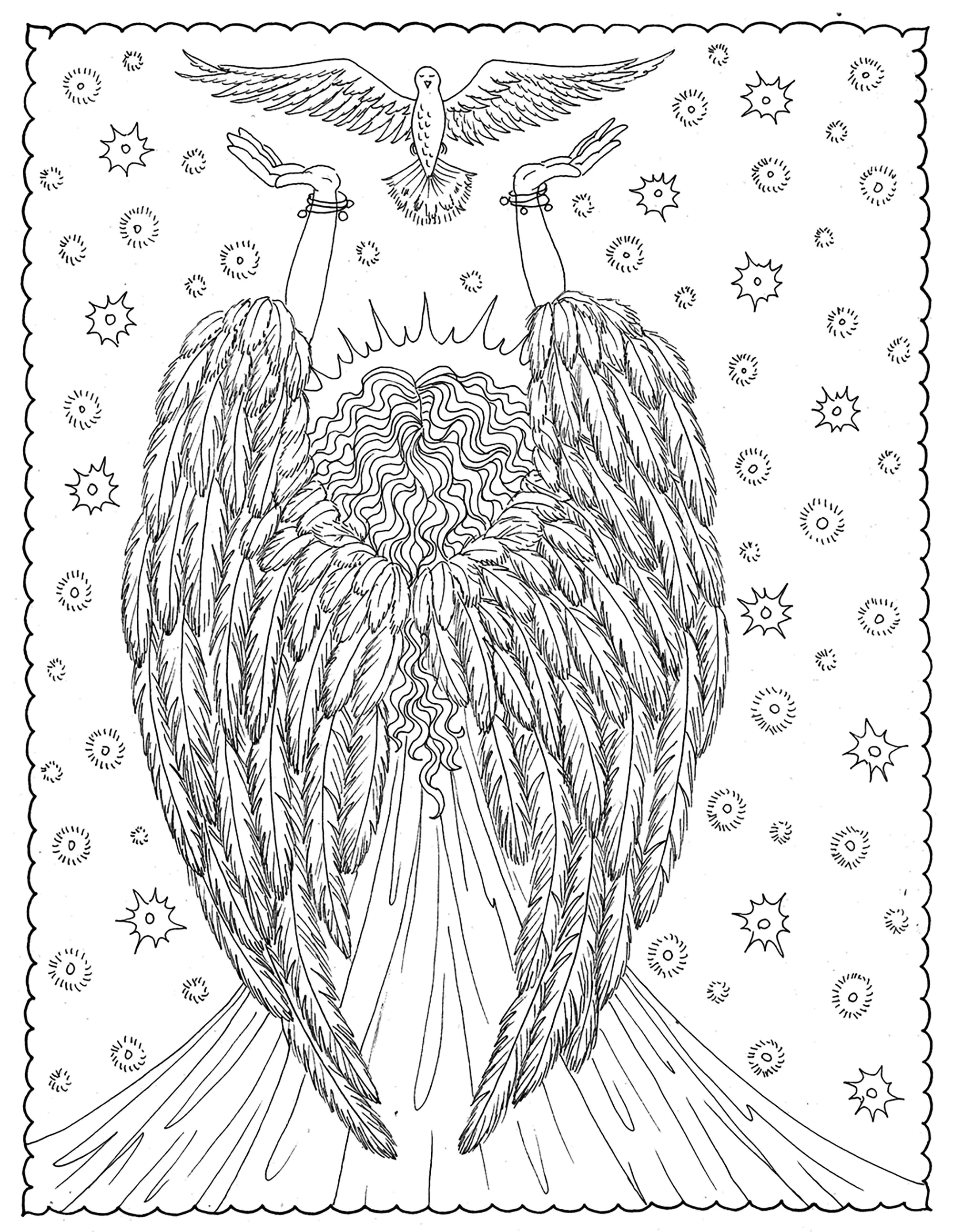 Libertad alada y paloma (Página de Anti Stress Zen para imprimir para adultos)