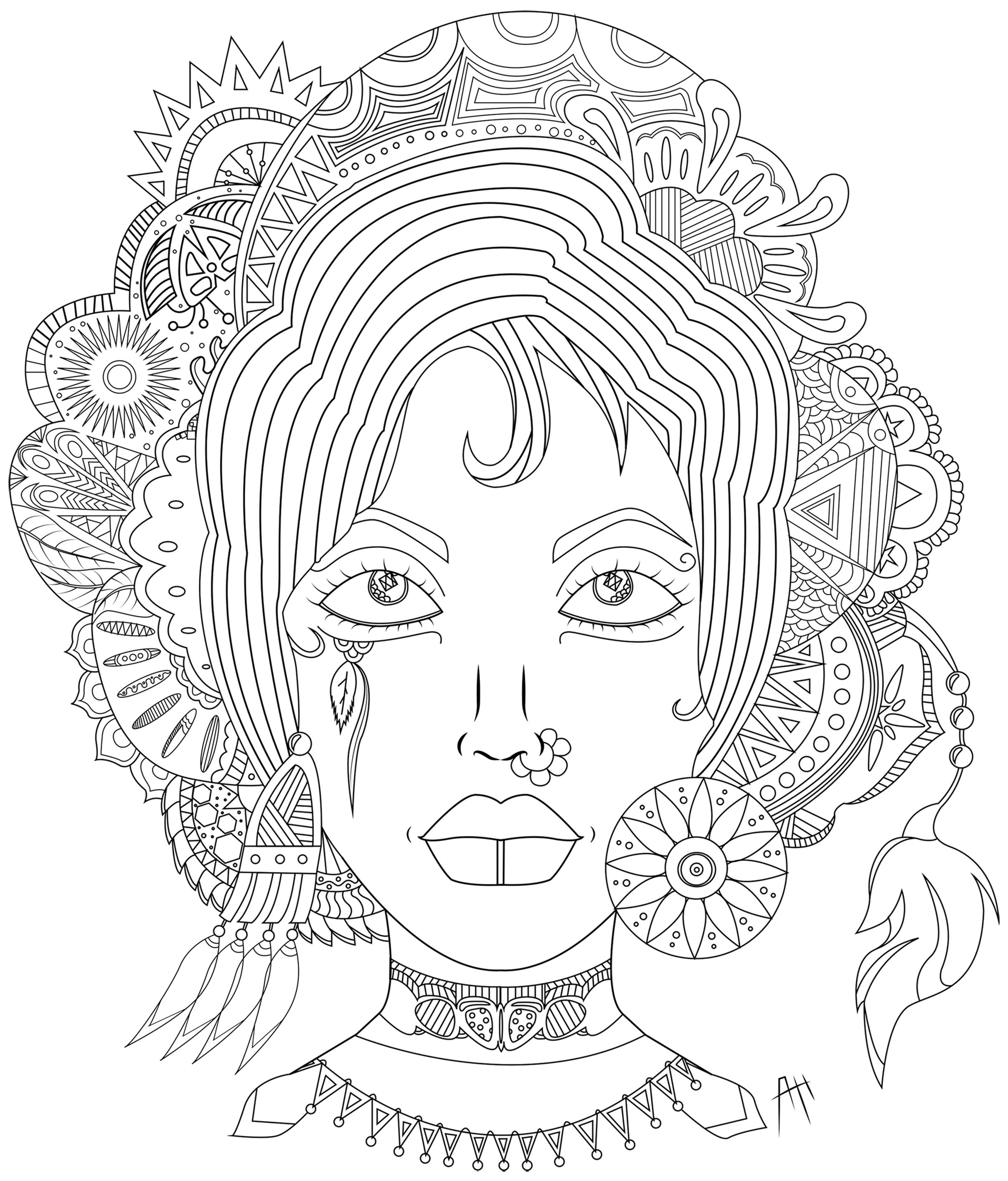 Mujer elegante rodeada de varios mandalas y plumas en el pelo