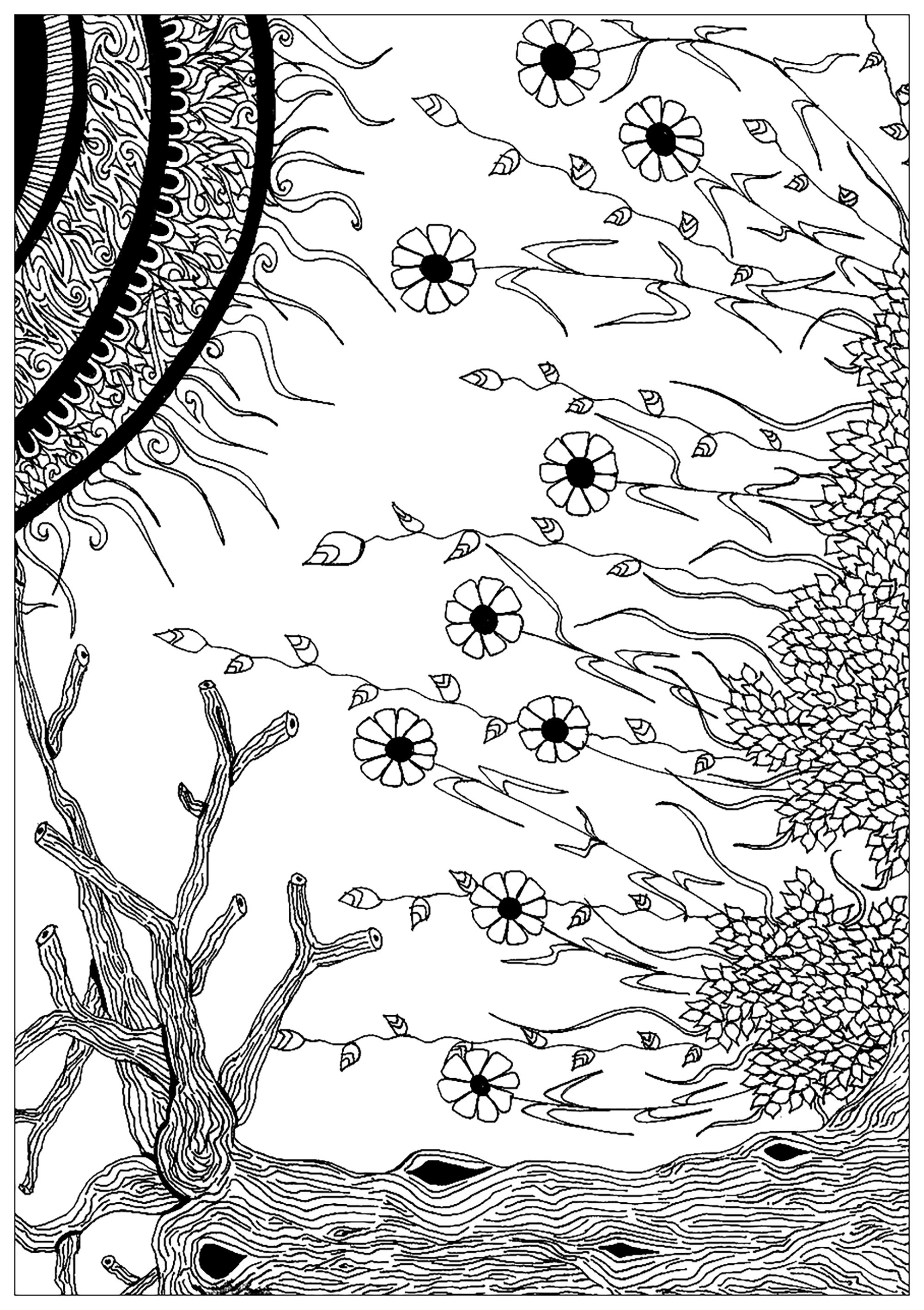 Dibujo compuesto de elementos vegetales, que representa el encuentro entre un espermatozoide y un óvulo, Artista : Elanise Art