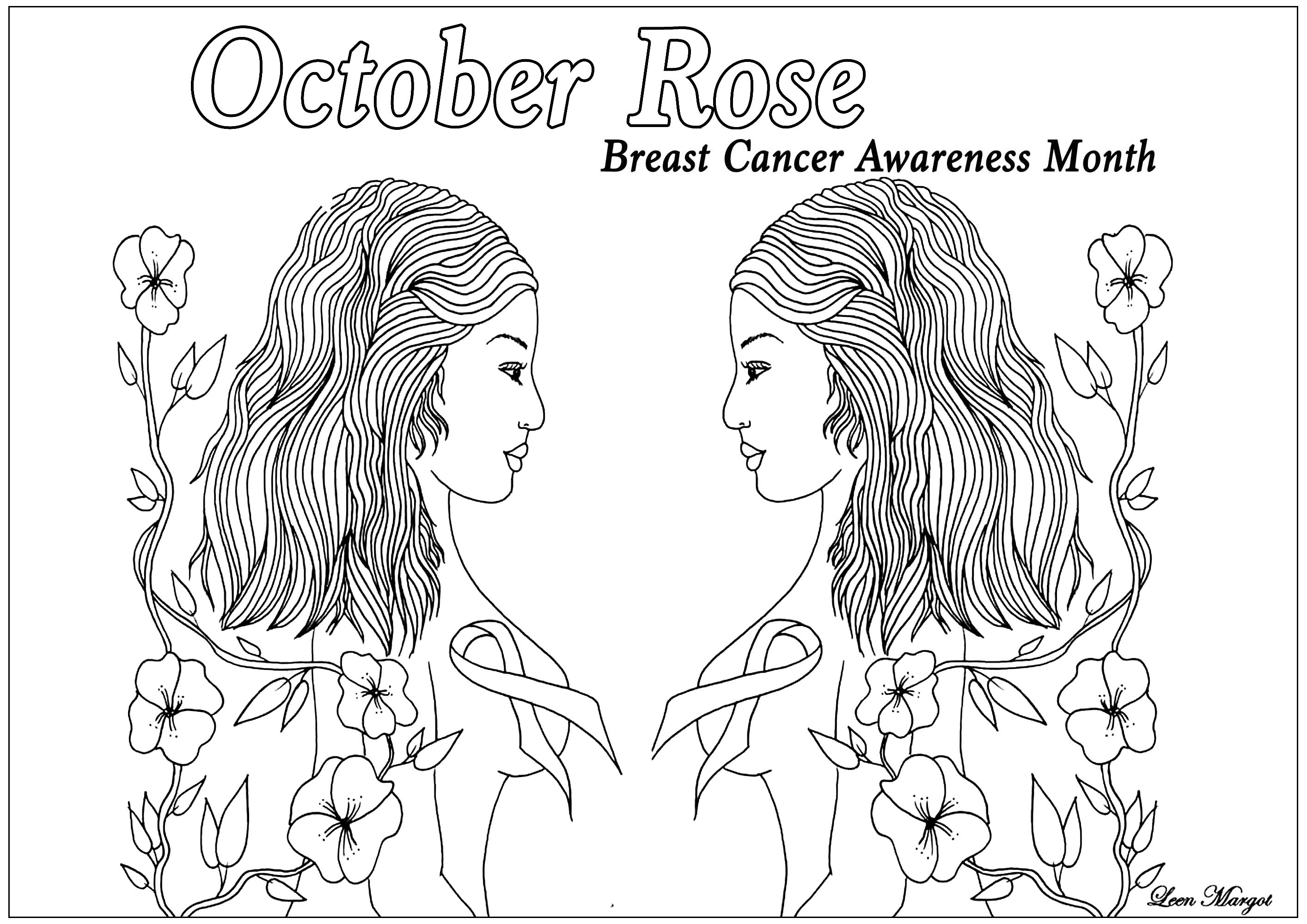Página para colorear exclusiva creada para la rosa de octubre : Mes de concienciación sobre el cáncer de mama (Versión 2)