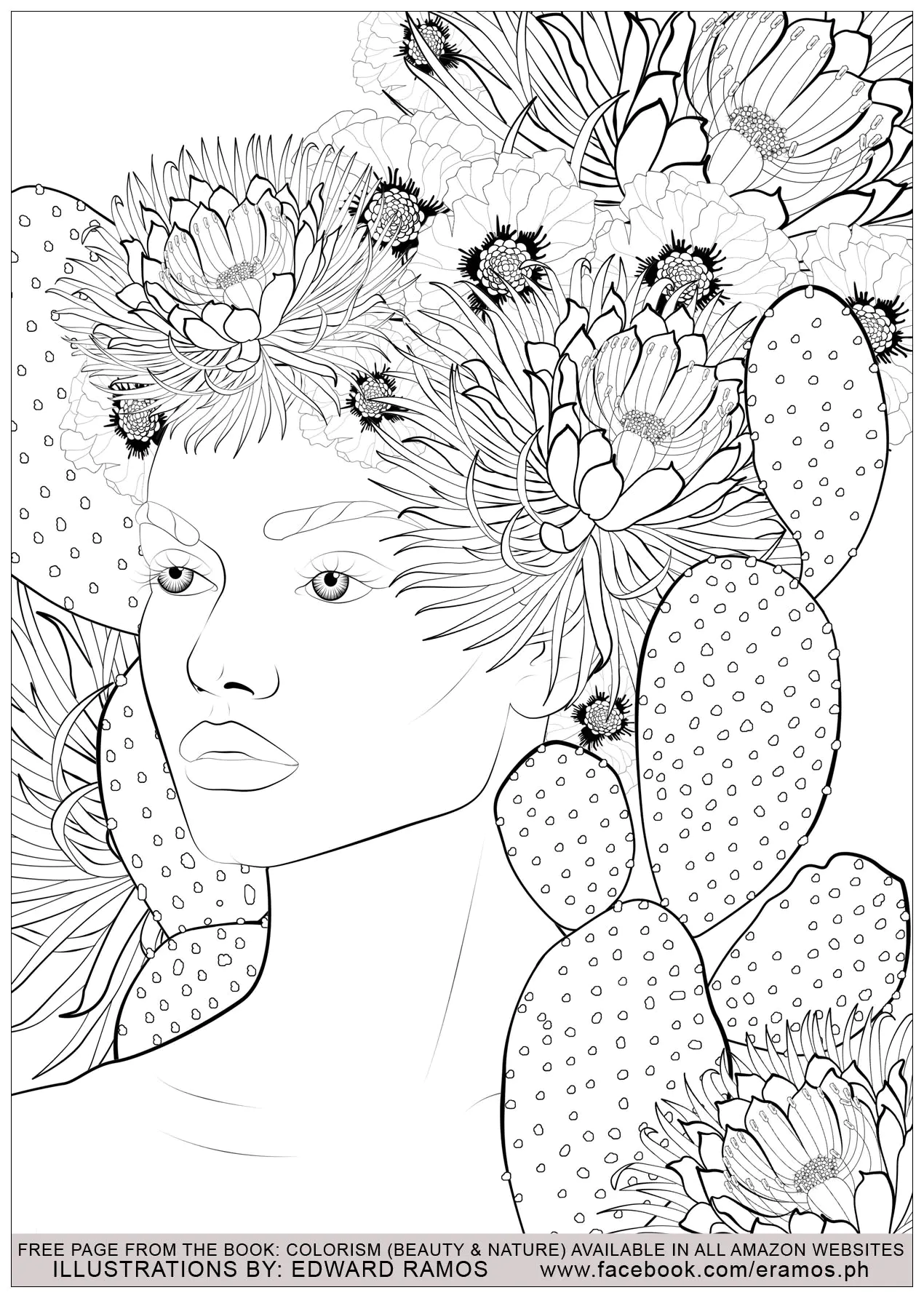 Mujer con cactus y flores exóticas (Página Anti-stress / Zen para imprimir para adultos)