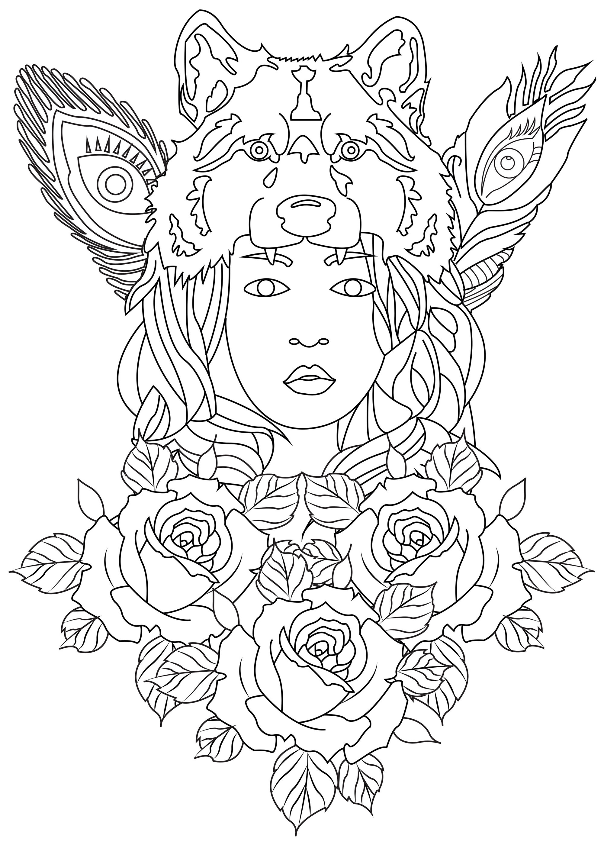 Colorea esta 'Mujer Lobo' y todas las rosas y plumas que la rodean