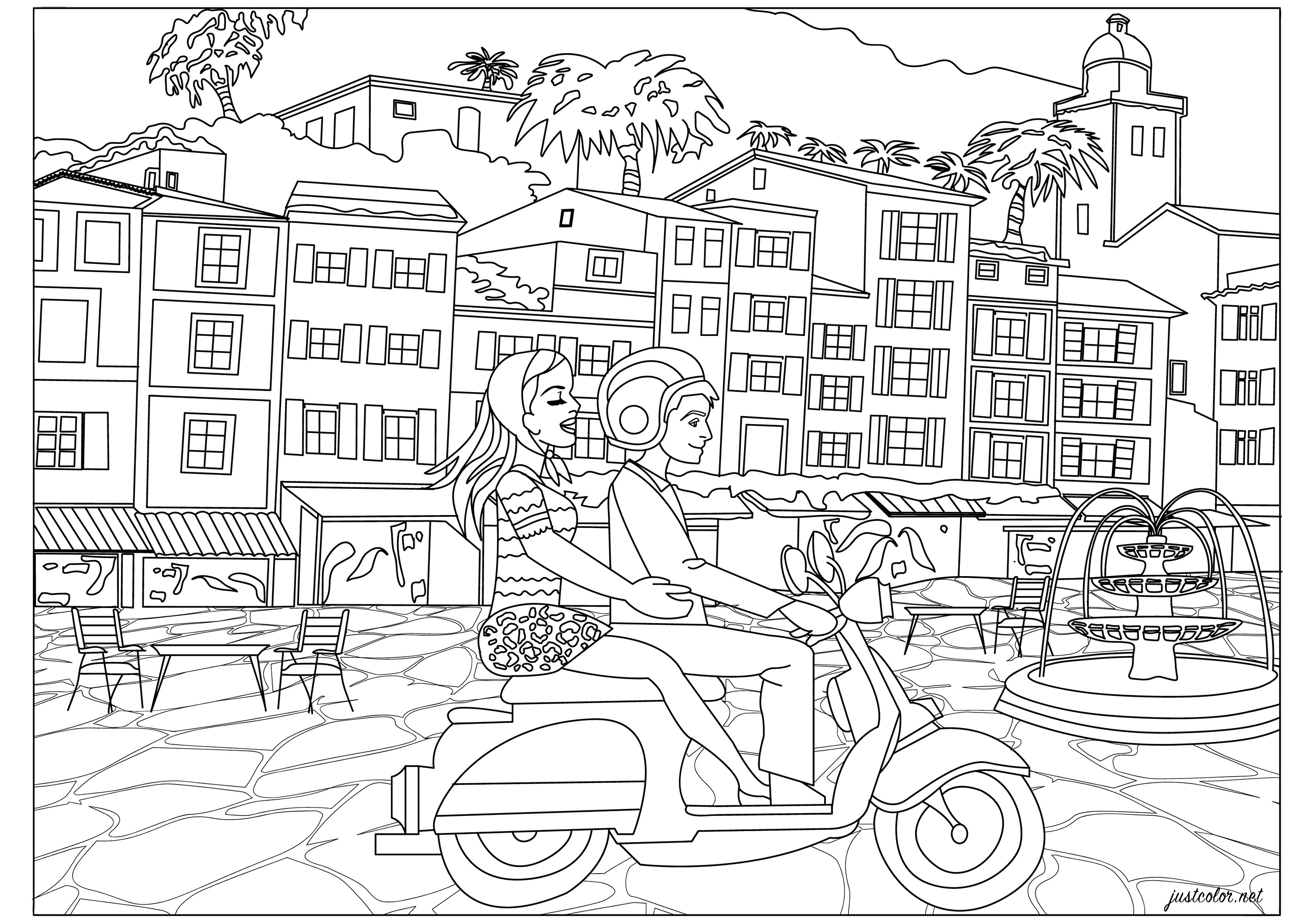 Vacaciones italianas para esta joven pareja en su vespa scooter. Pasee por la costa atravesando bonitos pueblos... Colorear estas casas típicas italianas, la fuente de la plaza, el scooter y recrear la atmósfera 'dolce vita'.