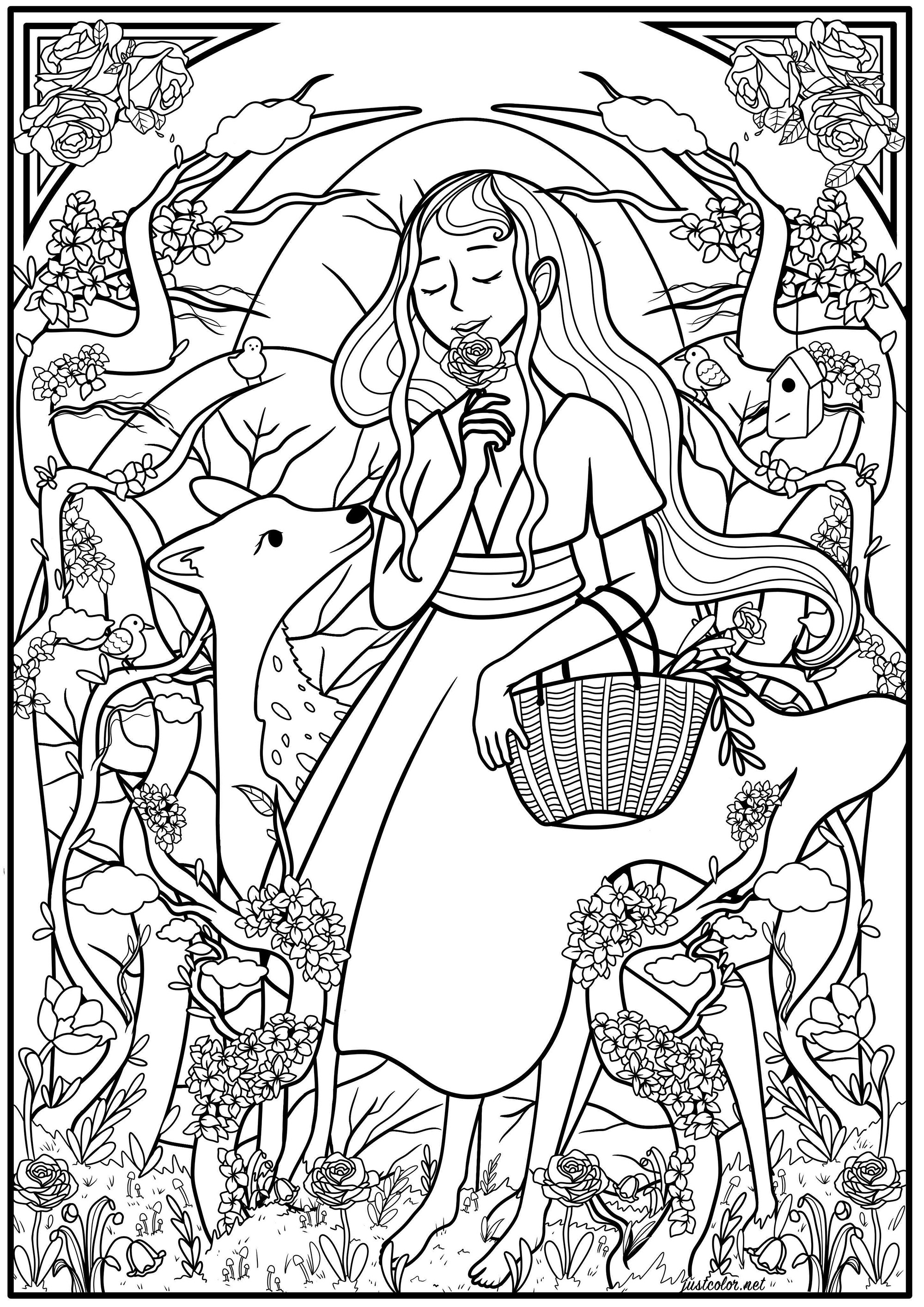 Mujer joven recogiendo flores en el bosque, rodeada de mucha vegetación y con un cervatillo acompañándola. Esta página para colorear está inspirada en el estilo Art Nouveau, Artista : Océane