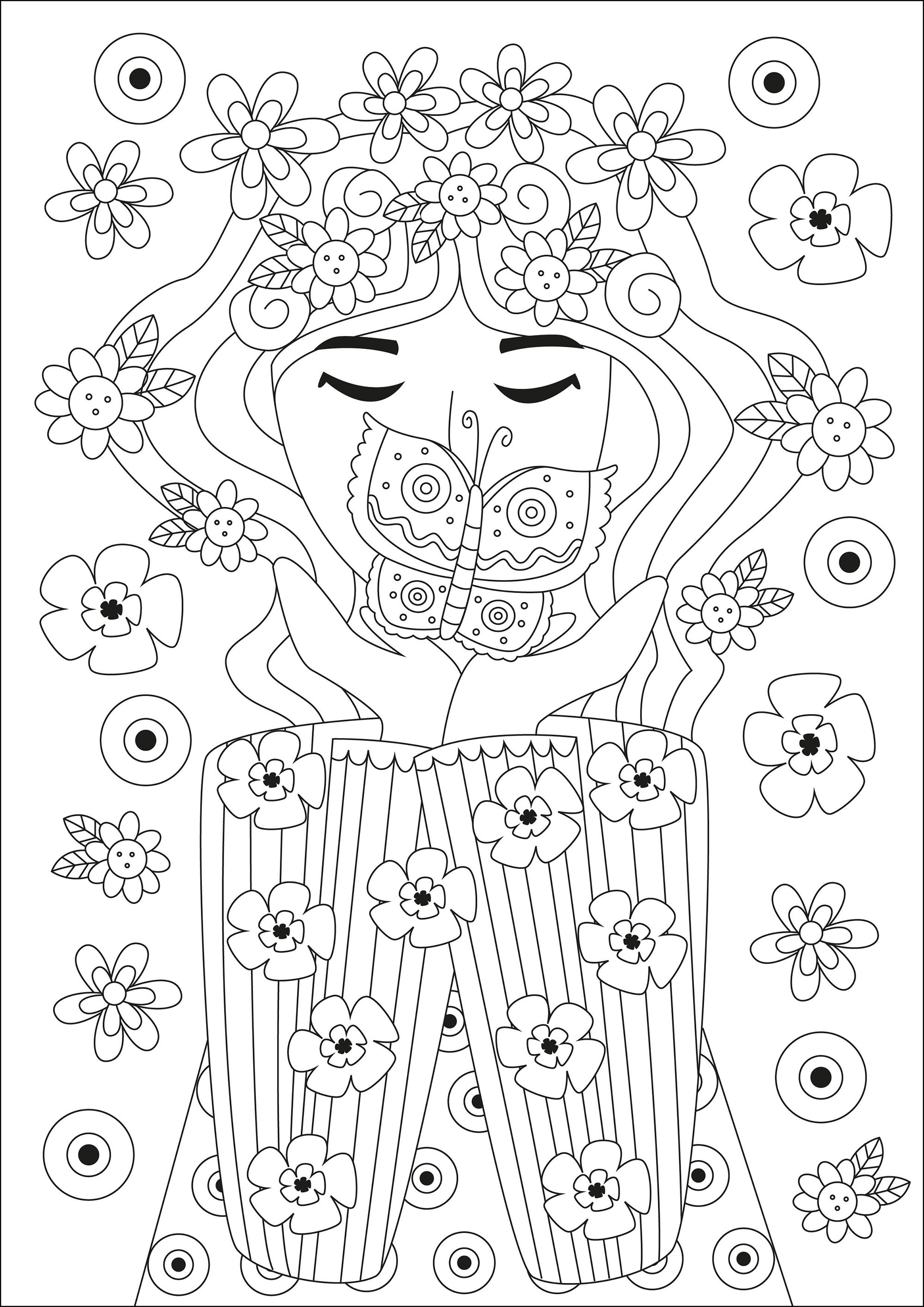 Inspirador dibujo para colorear de una mujer con una hermosa mariposa, rodeada de bonitas flores.