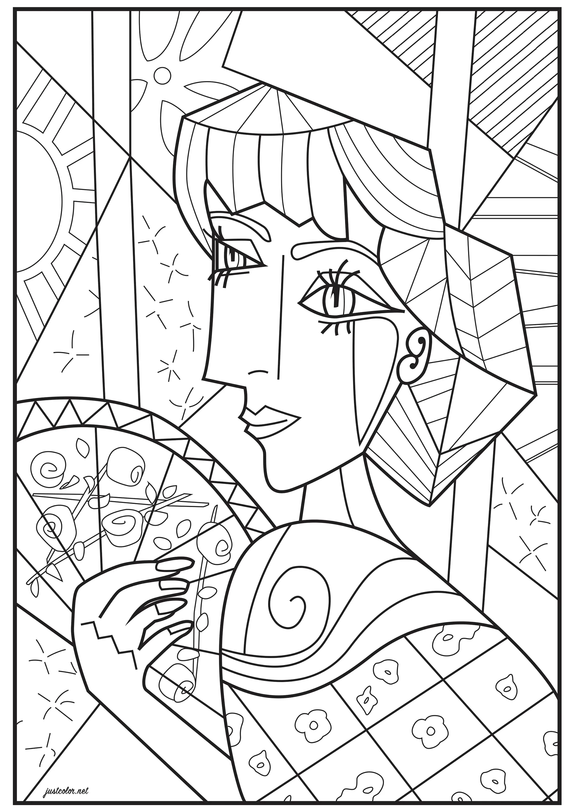 Rostro de mujer dibujado al estilo de Picasso (Página Anti-stress / Zen para imprimir para adultos)