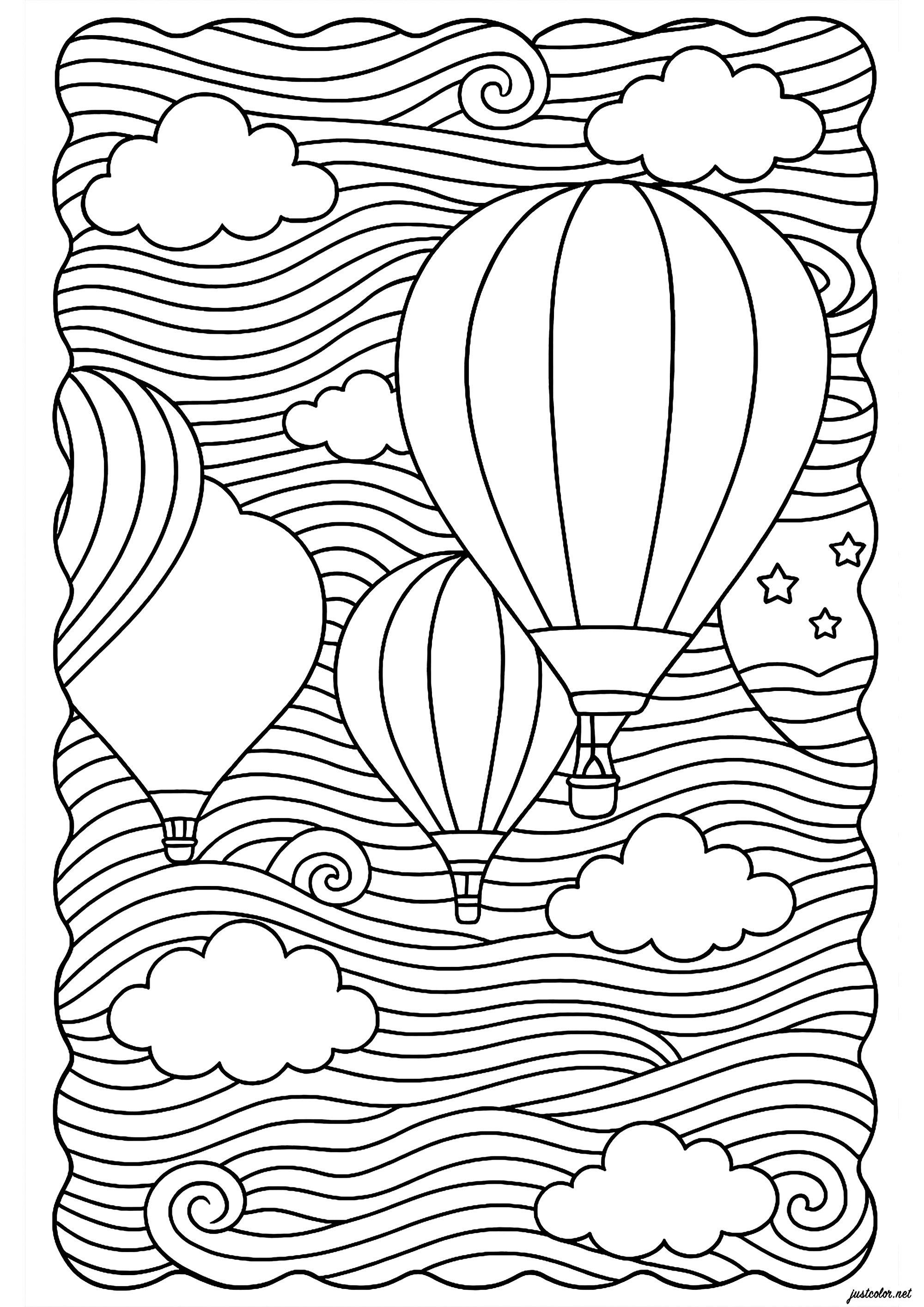 Globos aerostáticos y cielos hechizantes (Página Anti-stress / Zen para imprimir para adultos)